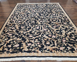Chinese Aubusson Rug 8.8 x 11, Black Cream Gold, Allover Floral Pattern, Vintage Wool Pile Rug, Traditional European Design, Handmade Carpet - Jewel Rugs