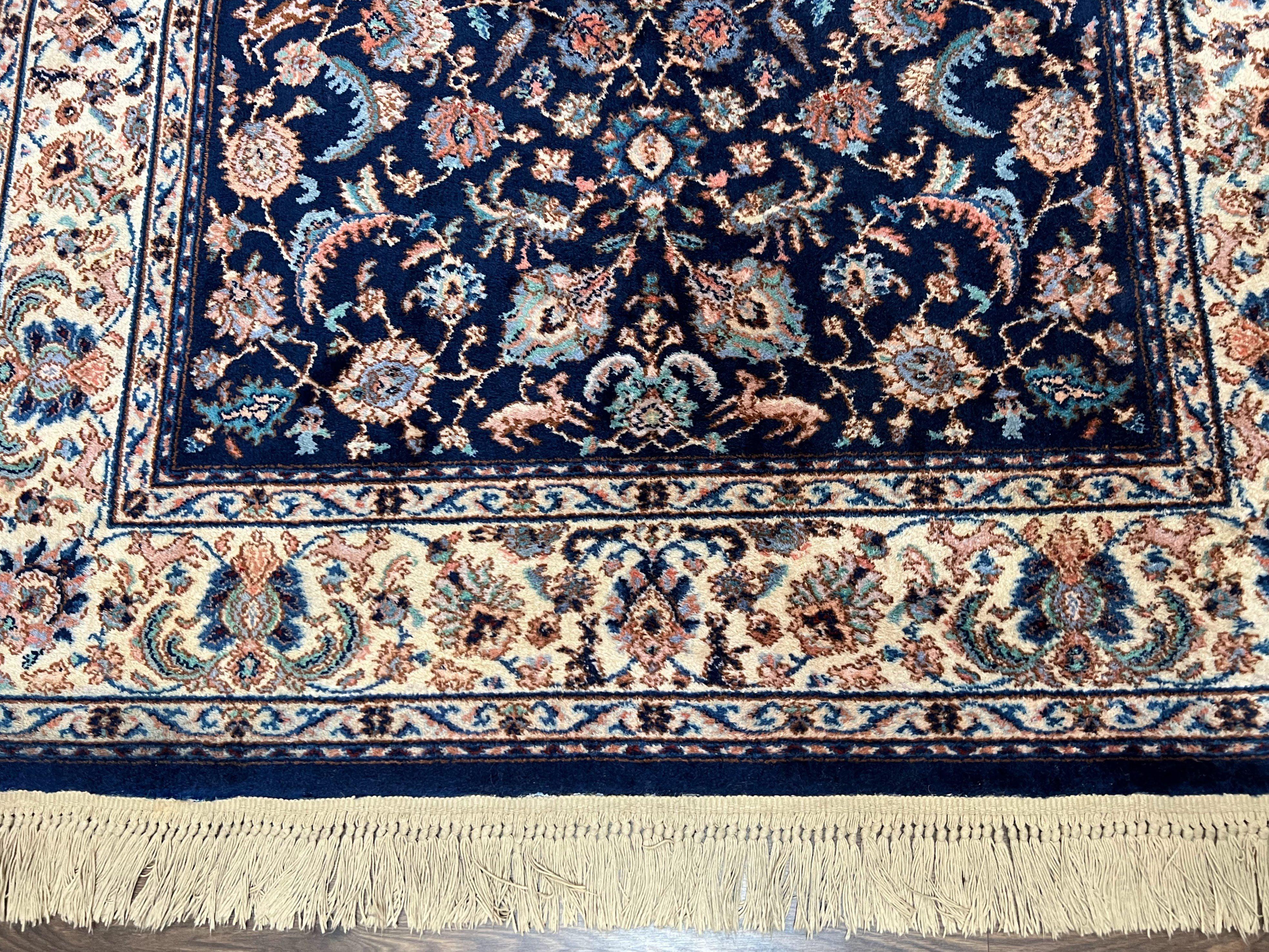 Karastan Rug #747, Indigo Tahbreez 5.9 x 9, Wool Carpet Original 700 Series, Vintage Area Rug Allover Floral, Discontinued, Navy Blue Ivory - Jewel Rugs