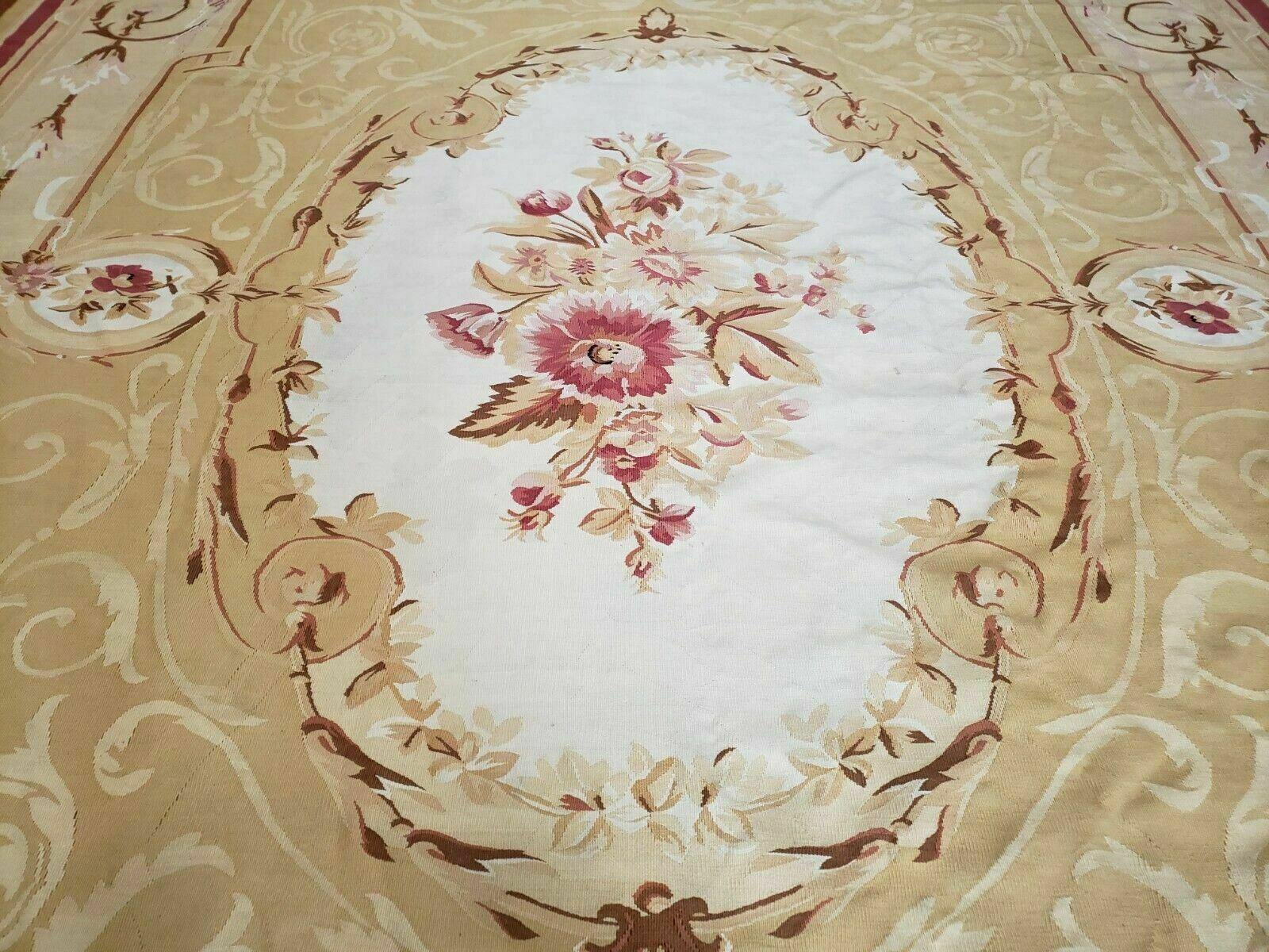 Aubusson Rug 10x13, Savonneire Carpet 10 x 13 ft, Handmade Vintage Flatweave Room Sized Wool Floral Aubusson, Cream/Tan Ivory Reds Pinks - Jewel Rugs