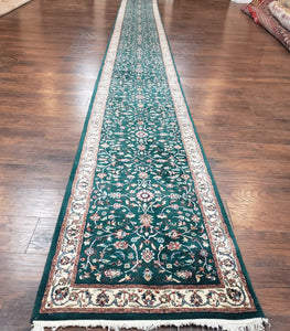 Extra Long Runner Rug 24 ft, Skinny & Long Rug for Hallway Corridor 2.6 x 24 Indo Persian Vintage Wool Rug Green and Cream Handmade Oriental - Jewel Rugs