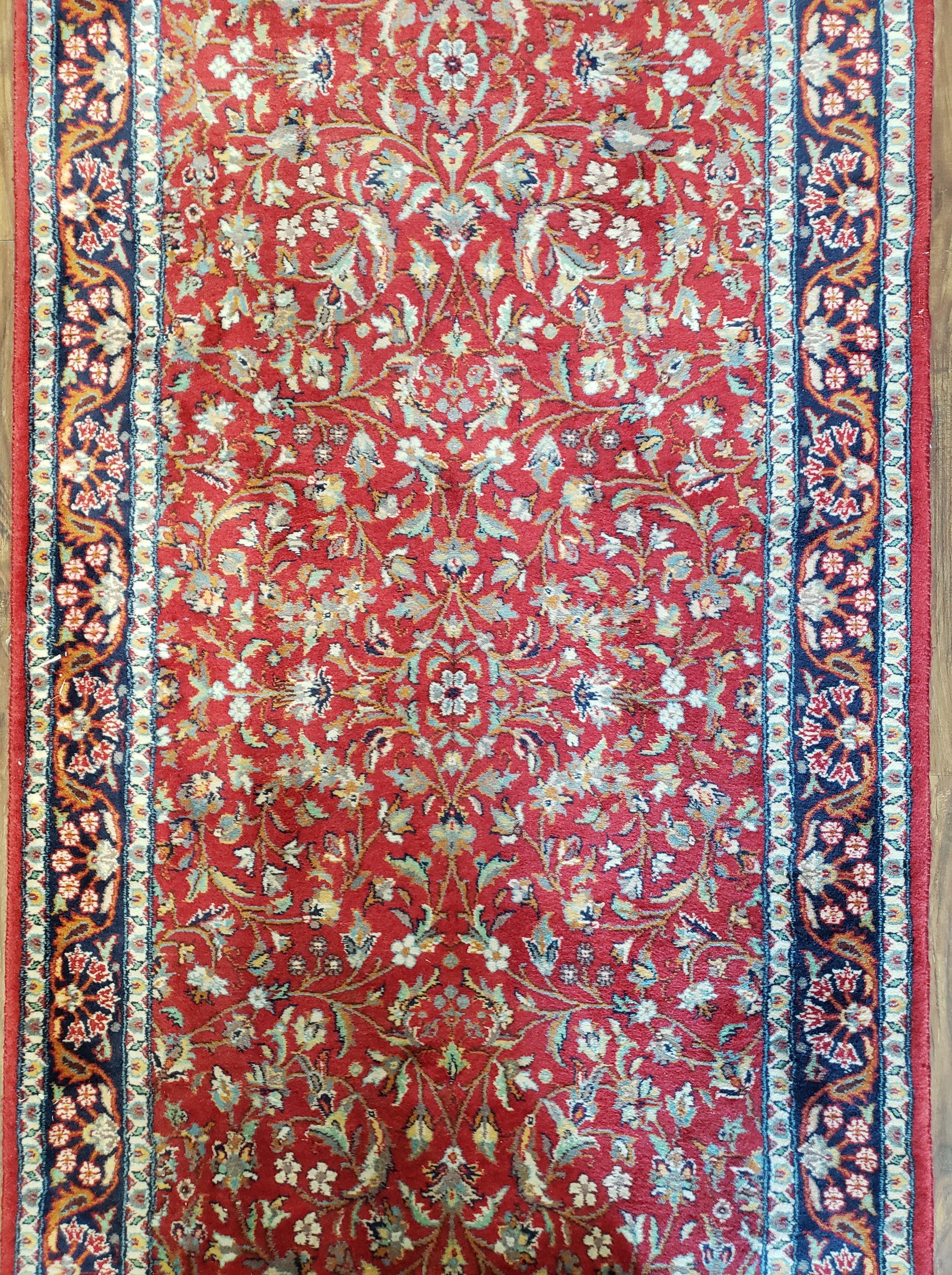 Antique Persian Sarouk Vintage Runner Rug, 2' 7" x 10' 3", Red with Dark Blue Floral Design - Jewel Rugs