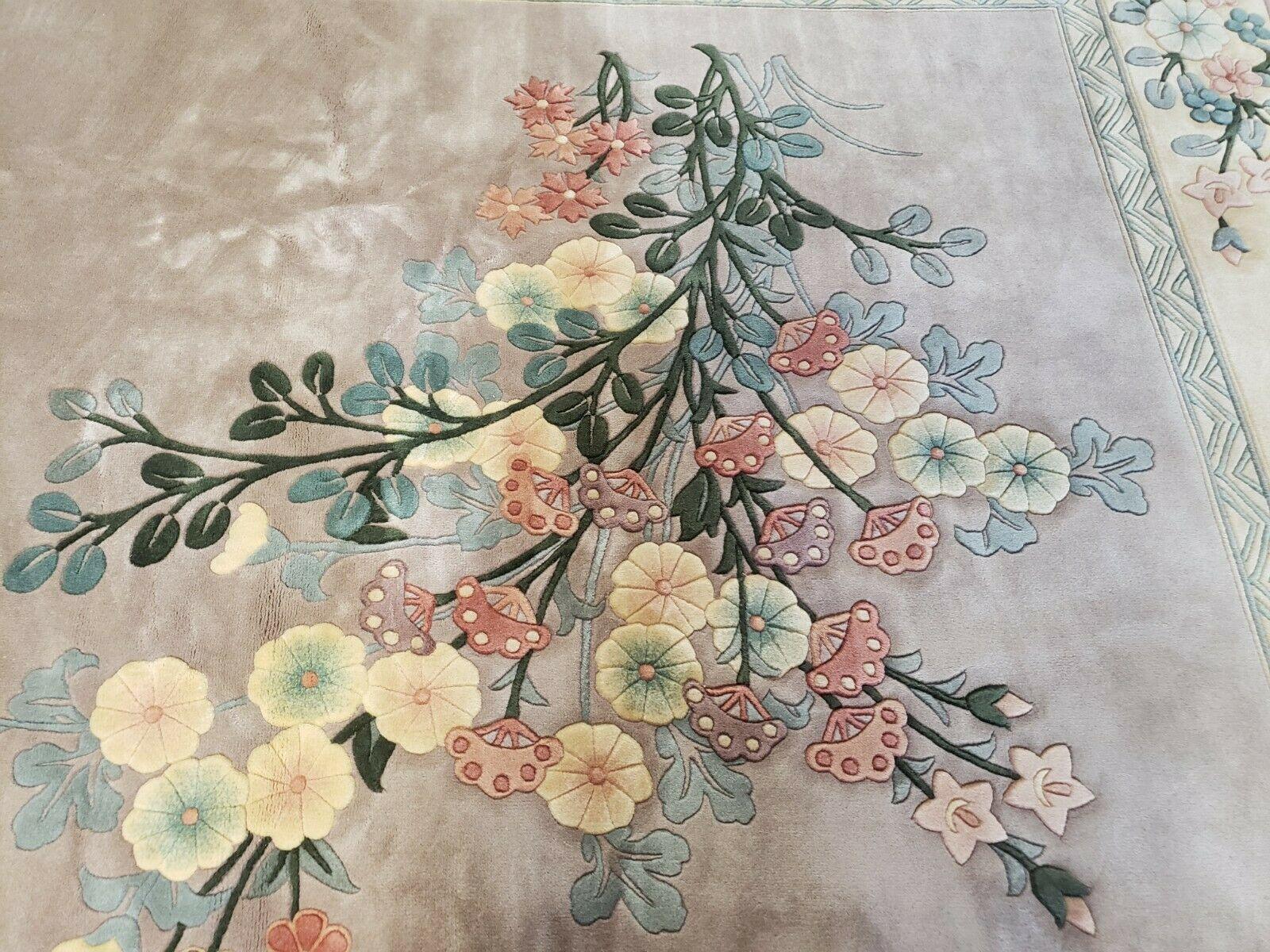 8' X 10' Vintage Handmade Chinese Art Deco 120 Lines Wool Rug Flowers Mauv - Jewel Rugs