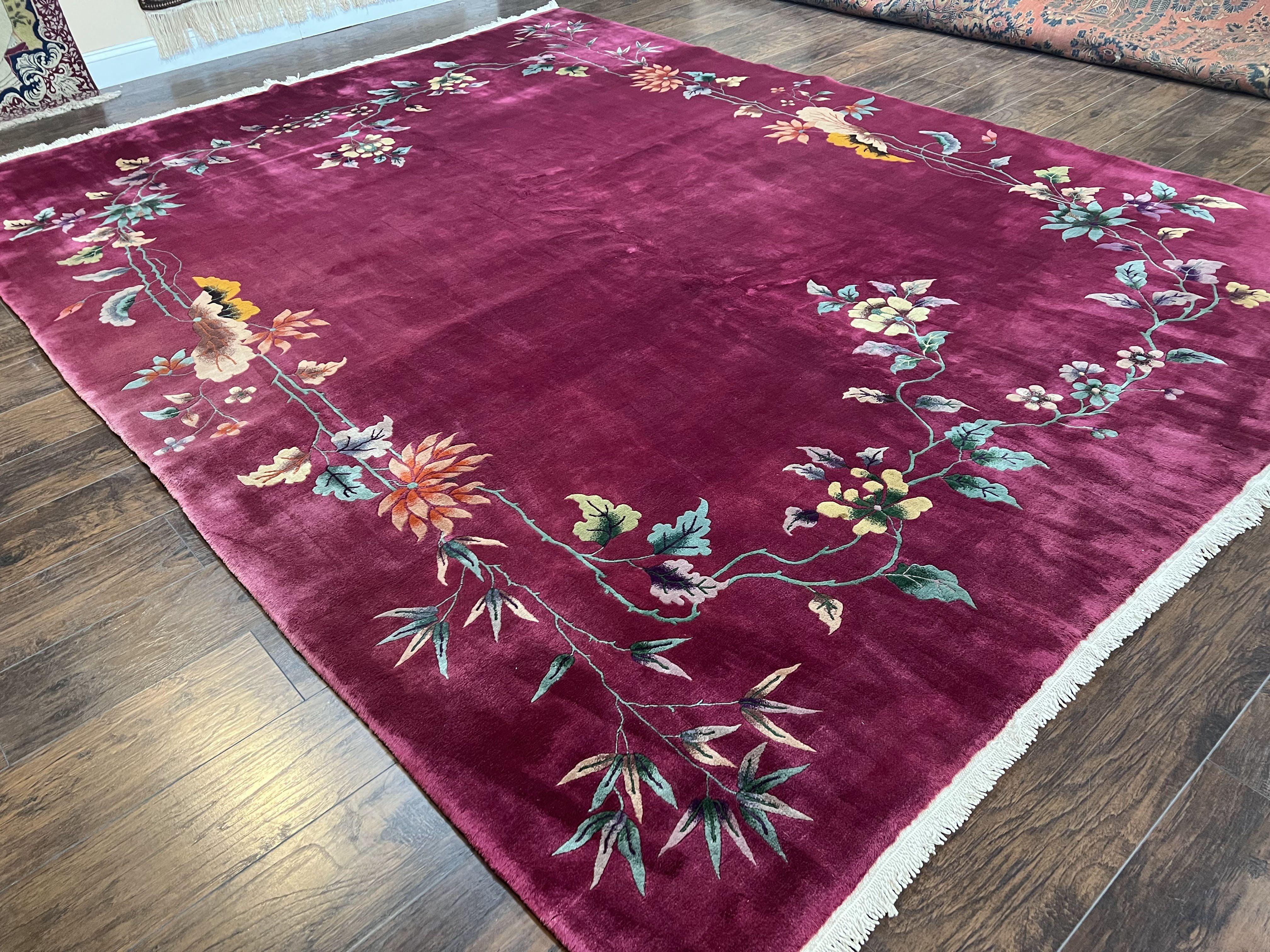 Antique Chinese Art Deco Rug 8.9 x 11.5, Chinese Nichols Carpet Purple/Red, Hand Knotted Wool Area Rug 9x12 Open Field Simple Design Flowers - Jewel Rugs