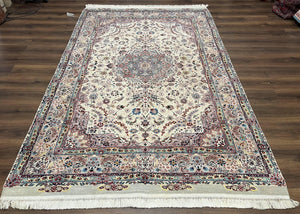Beautiful Pak Persian Rug 6x9, Floral Medallion, Wool and Silk, Highly Detailed Elegant Carpet, Vintage Oriental Rug 6 x 9, Cream and Gray - Jewel Rugs