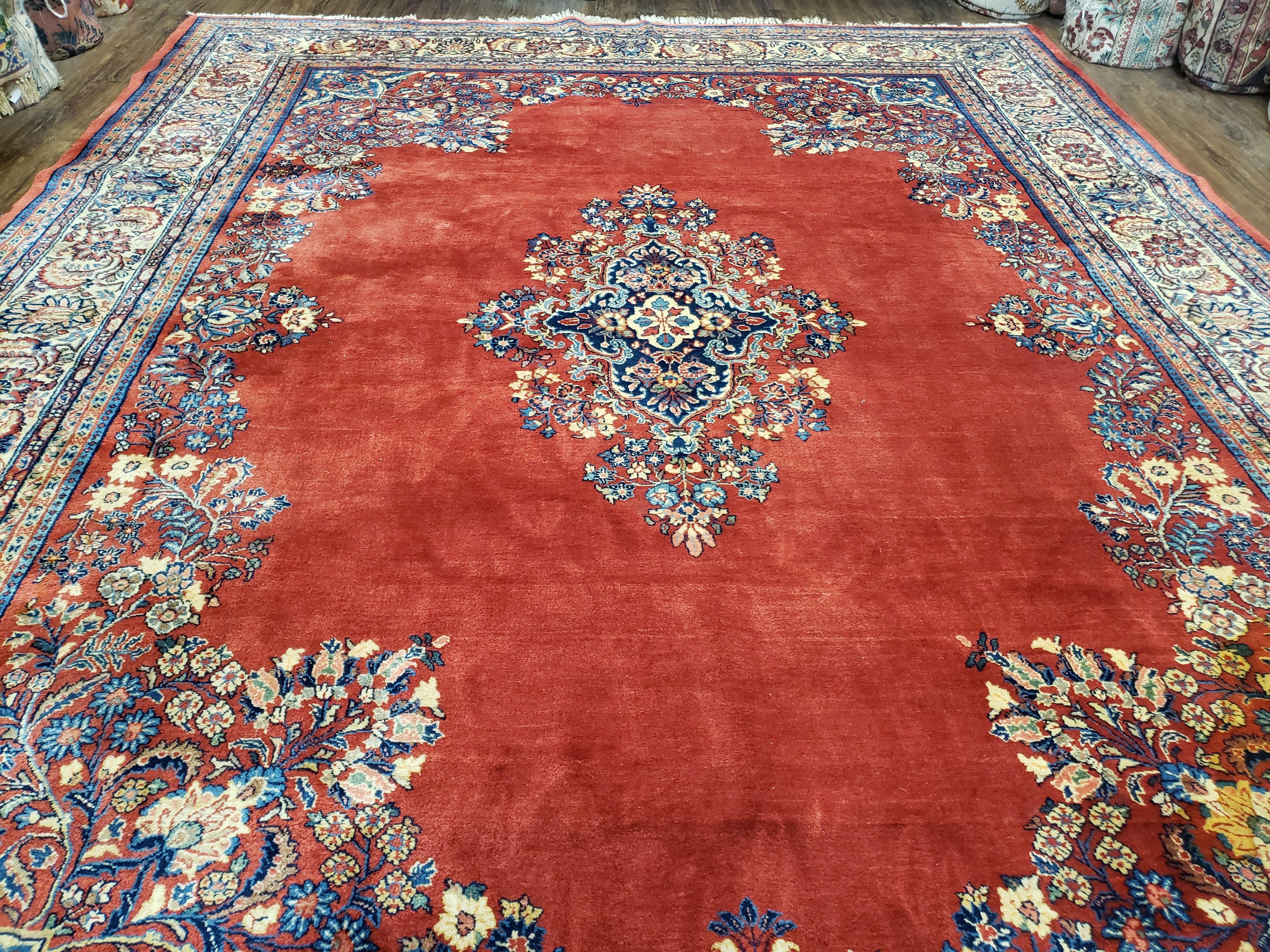 Semi Antique Persian Sarouk Rug 9x12,  Semi Open Field with Central Medallion, Hand Knotted Wool, Tomato Red, 9 x 12 Authentic Oriental Carpet - Jewel Rugs