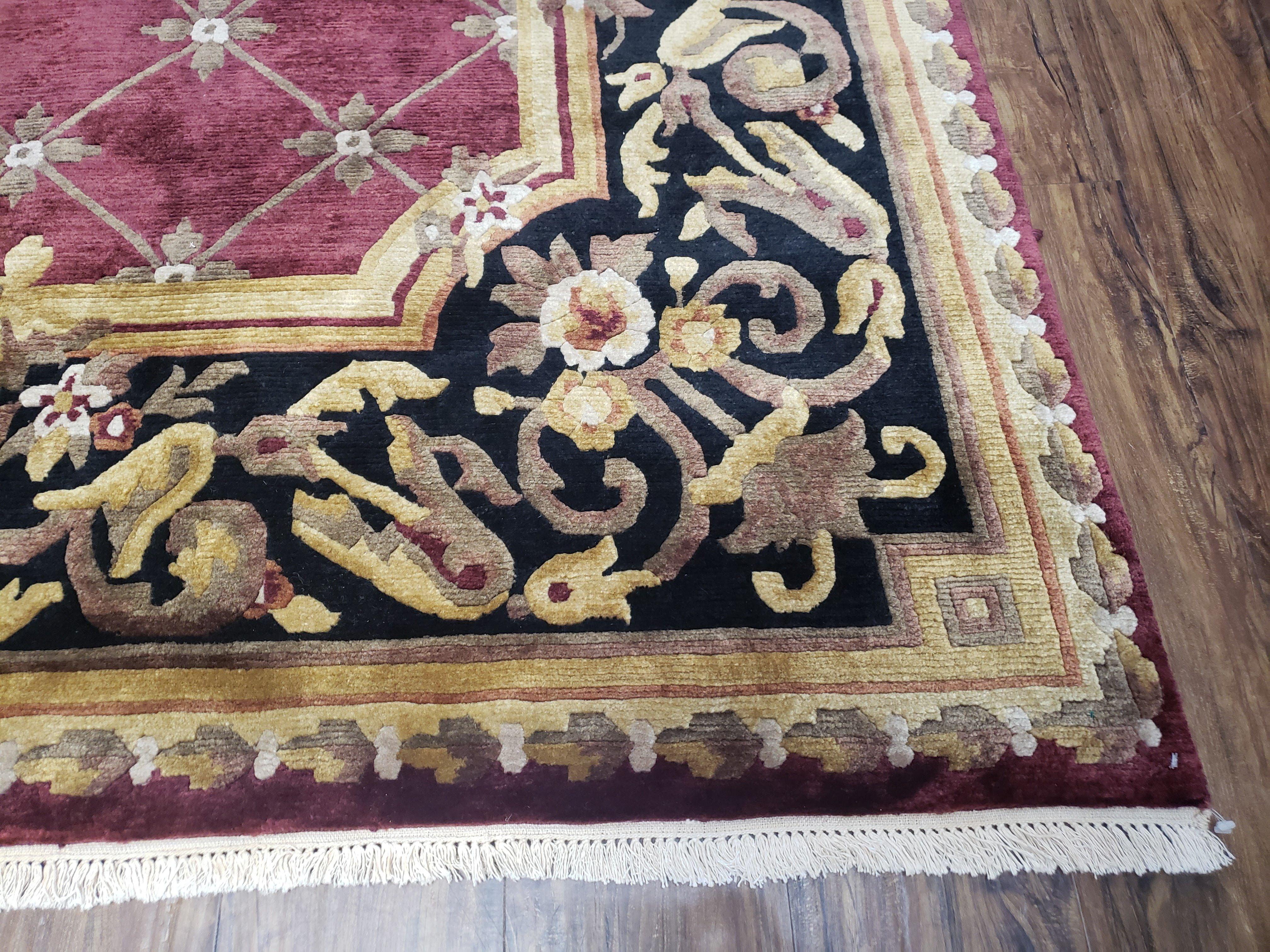 Vintage Aubusson Rug 6x9, Hibiscus Red Black & Gold Wool Hand-Knotted Carpet, 6 x 9 Small Elegant Dinning Room Area Rug, New Zealand Wool - Jewel Rugs