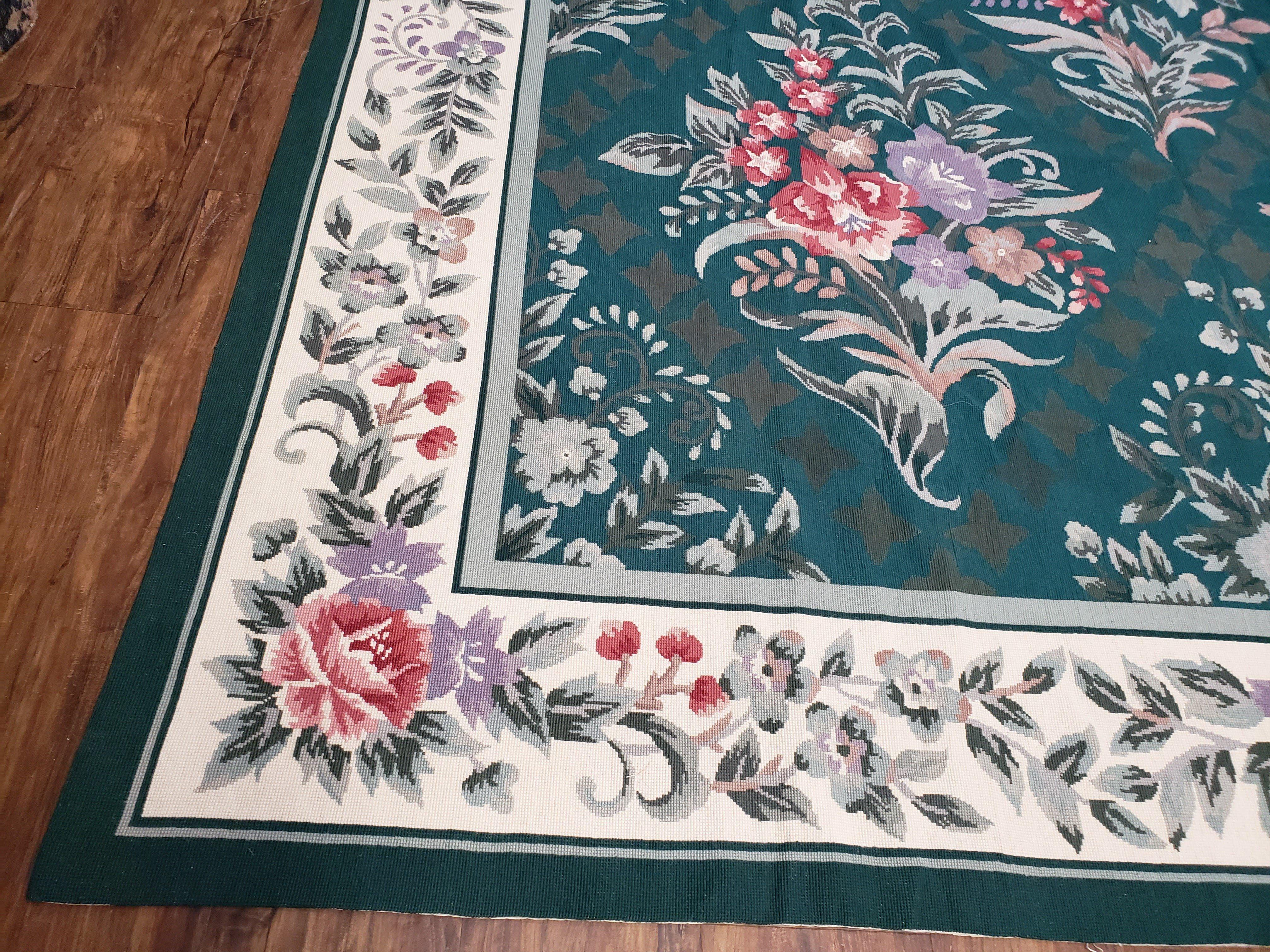 Chinese Needlepoint Rug 8x10, Vintage Green Area Rug, Hand-Woven Flatweave Floral European Design Carpet Wool Handmade 8x 10 Living Room Rug - Jewel Rugs