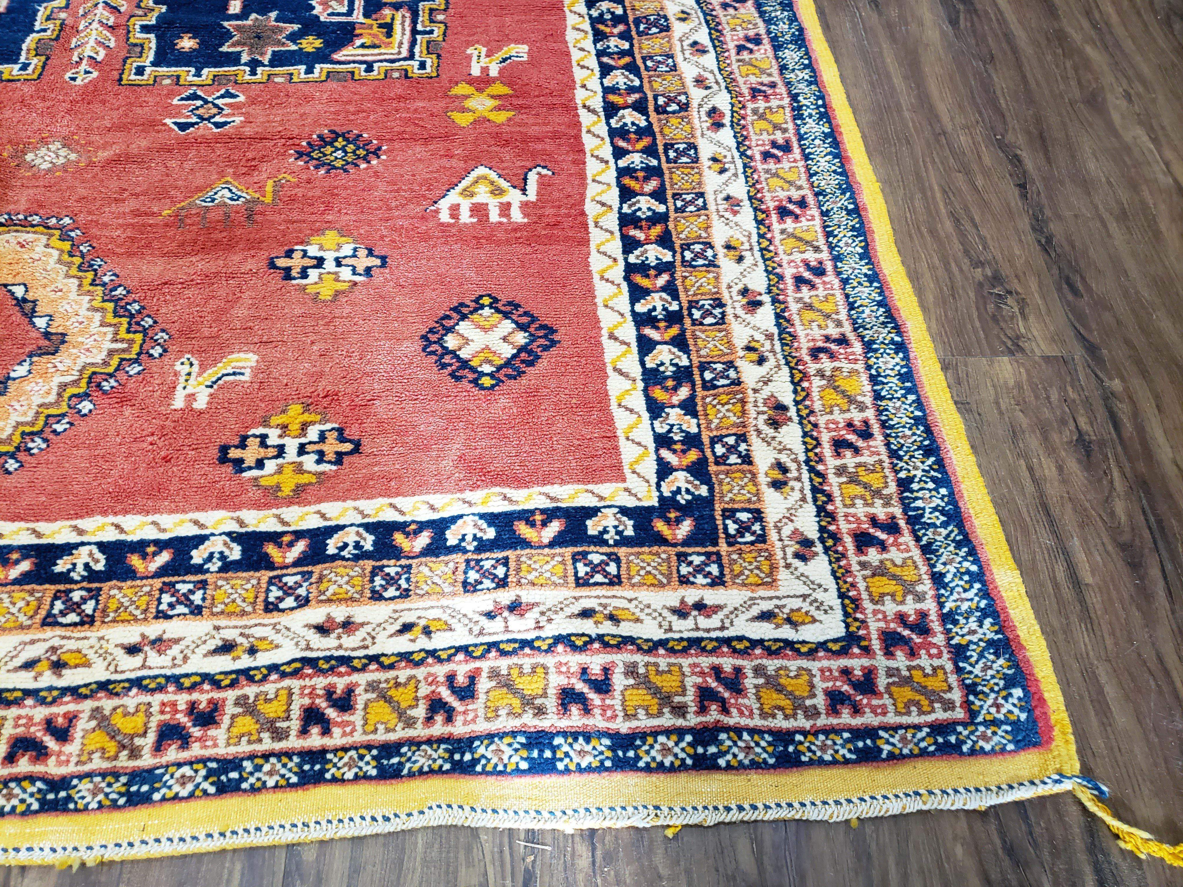 Vintage Moroccan Rug 6.6 x 9.8 ft, Tribal Bohemian Wool Hand-Knotted Carpet, 1950s Moroccan Rug, Salmon Red and Navy Blue, Room Sized Rug - Jewel Rugs