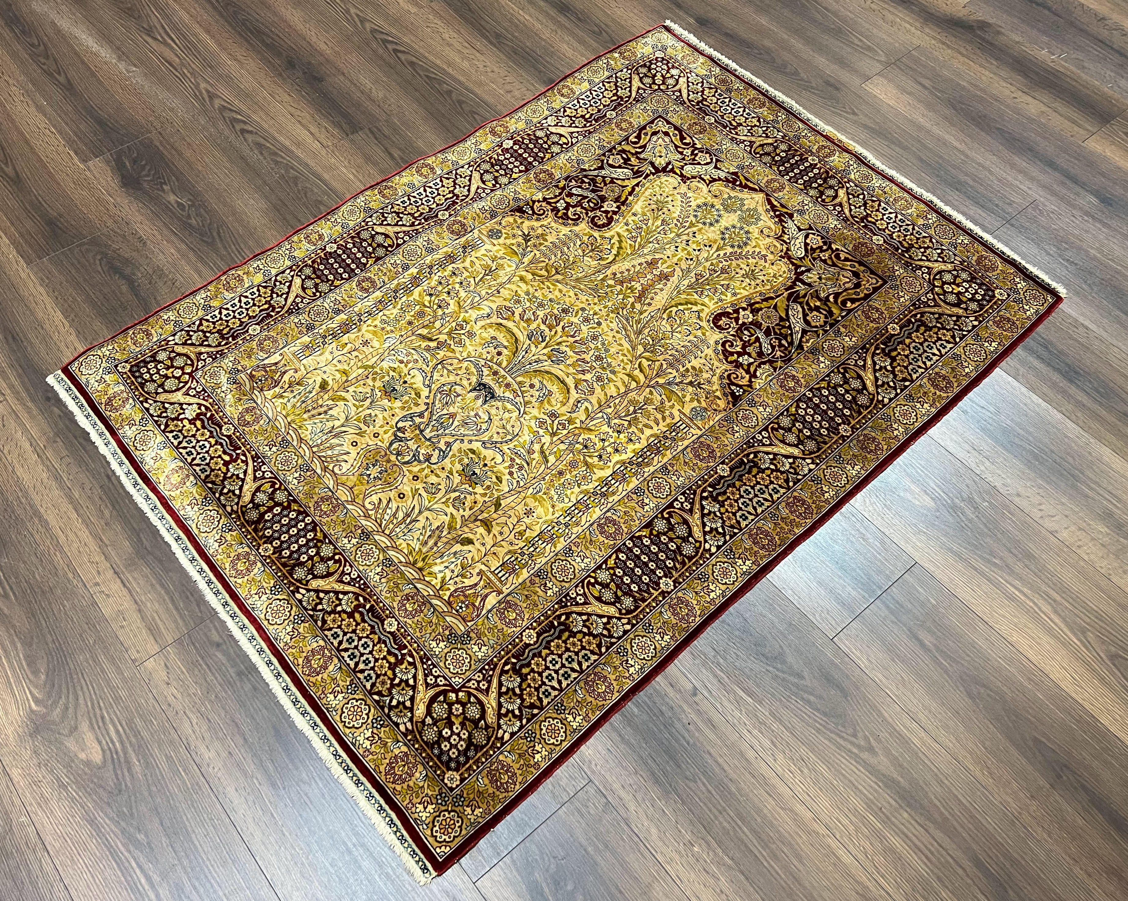 Silk Turkish Hereke Rug 3x5, Gold and Burgundy Hand Knotted Silk Hereke Carpet, Prayer Rug, Tree of Life, Authentic Hereke, Vintage Stunning - Jewel Rugs