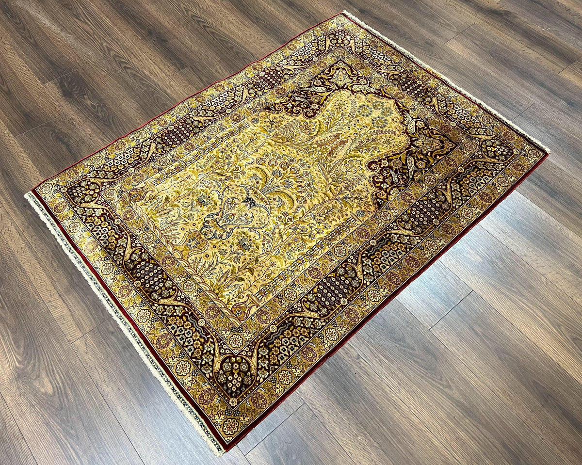 Silk Turkish Hereke Rug 3x5, Gold and Burgundy Hand Knotted Silk Herek ...