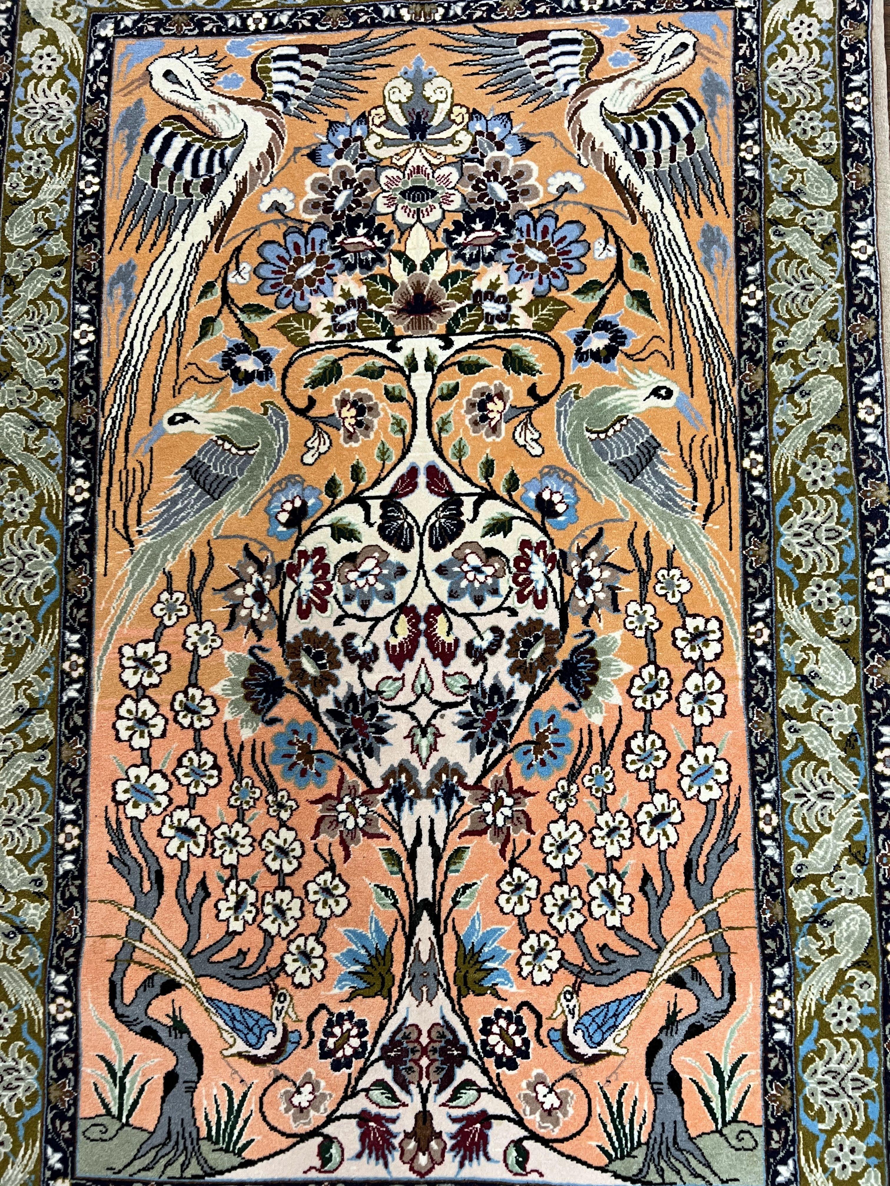 Very Fine Small Persian Isfahan Rug 2.6 x 4, Kork Wool on Silk Hand-Knotted Vintage Animal Pictorials Birds Vase, Signature Masterweaver, Orange - Jewel Rugs