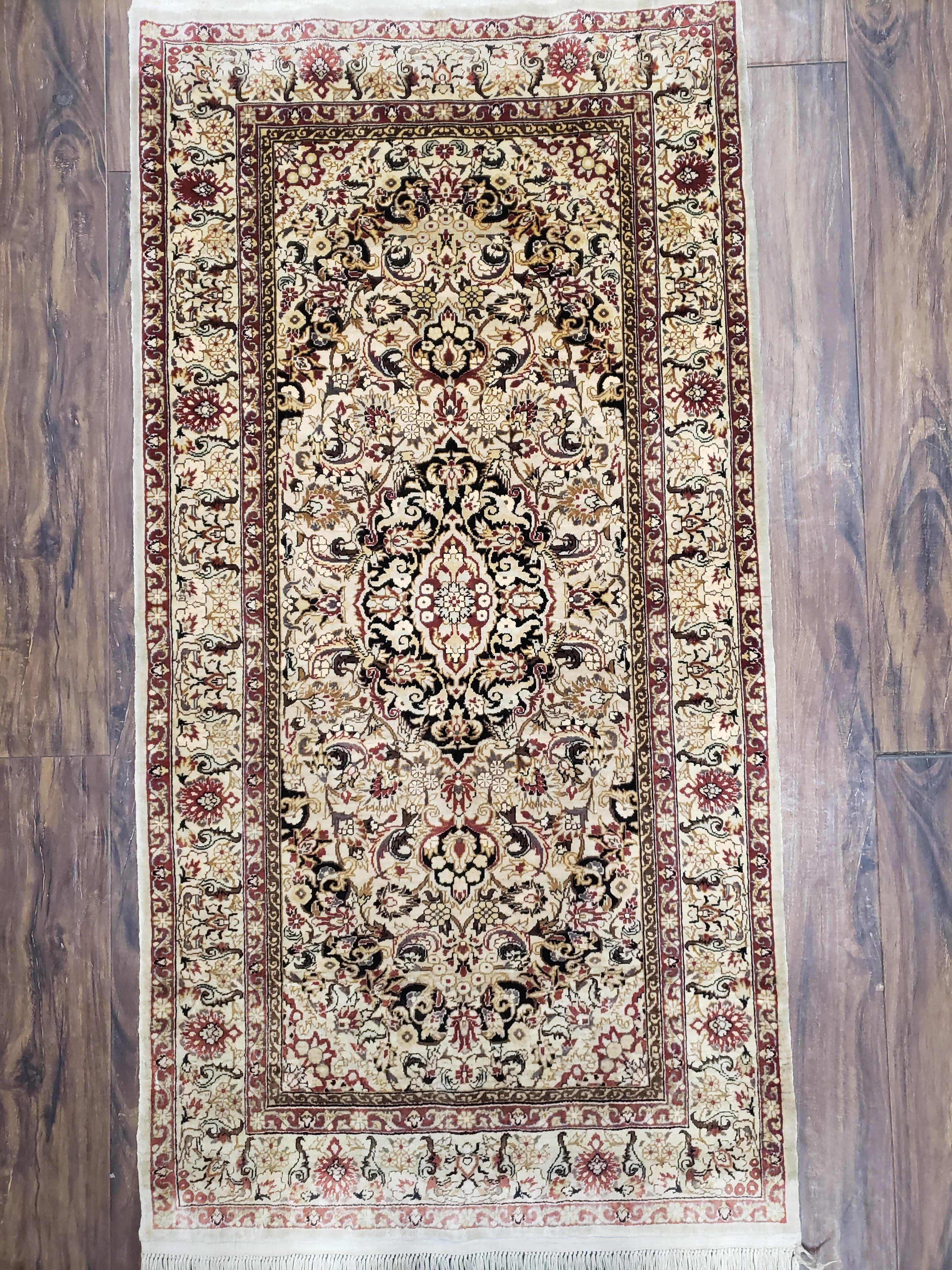 Silk Oriental Rug 1' 7" x 3', Very Fine Silk Carpet, Small Silk Rug, Traditional Floral Medallion, Hand-Knotted Cream Beige Vintage Silk Rug - Jewel Rugs