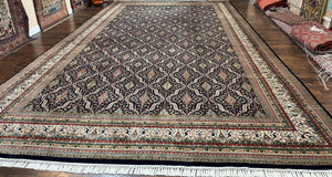 Palace Sized Indian Oriental Rug 12 x 22 ft, Large Oversized Hand Knotted Wool Carpet, Navy Blue Cream Tan, Overall Floral Bidjar Pattern - Jewel Rugs