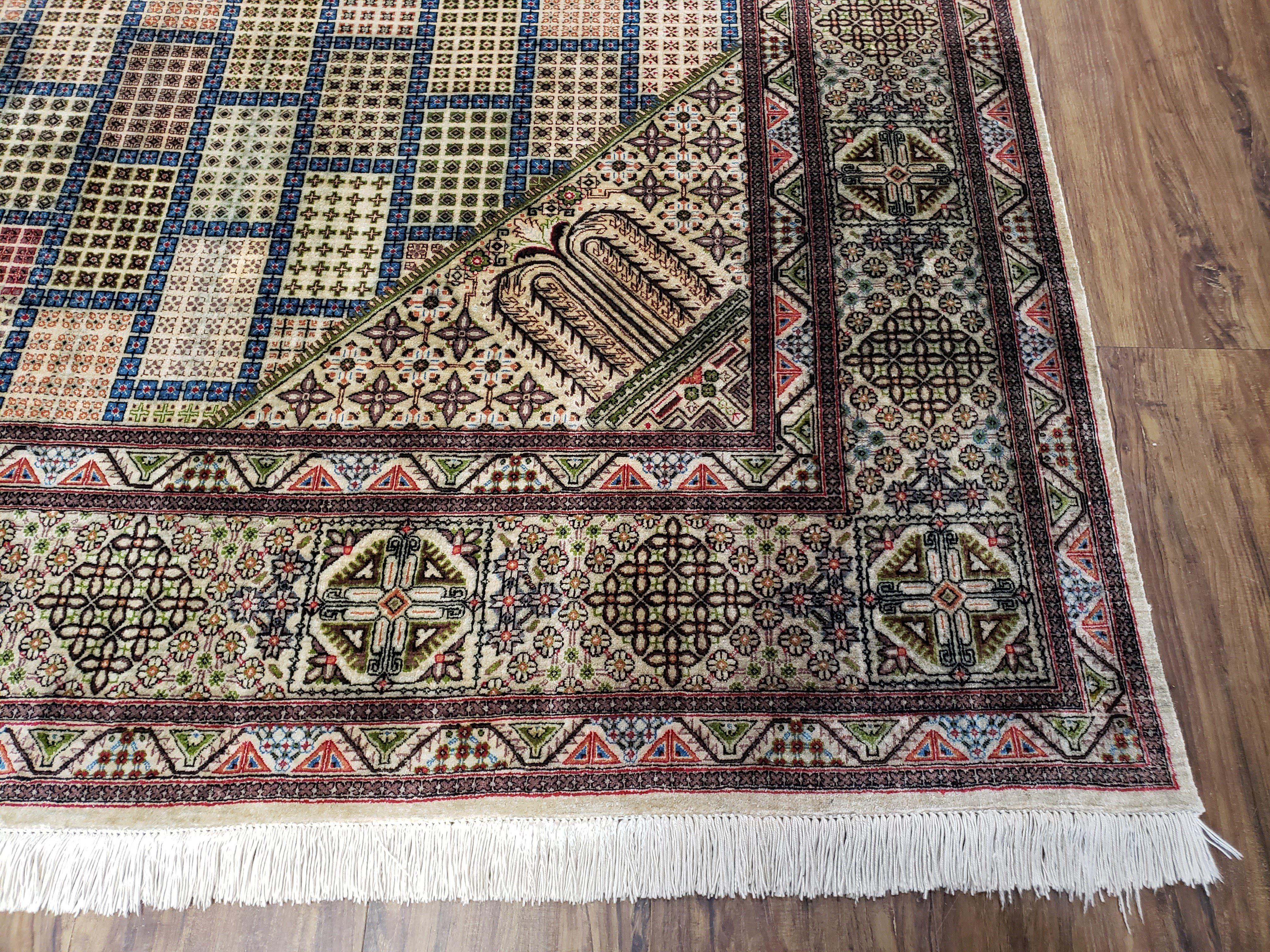 Sino Persian Silk Rug 6.4 x 9.9, Very Fine Hand Knotted Carpet, Panel Design Multicolor, Silk Pile on Silk Foundation, Handmade Vintage - Jewel Rugs