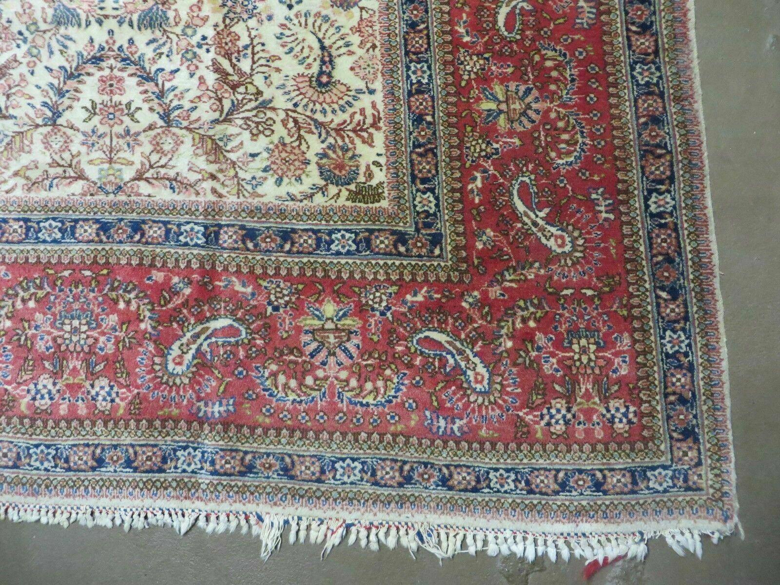 Persian Tabriz Rug 8x10, Antique Authentic Wool Oriental Carpet 8 x 10 ft, Bird Motifs Floral Boteh Paisleys, Cream Red Blue Vintage Handmade Rug - Jewel Rugs