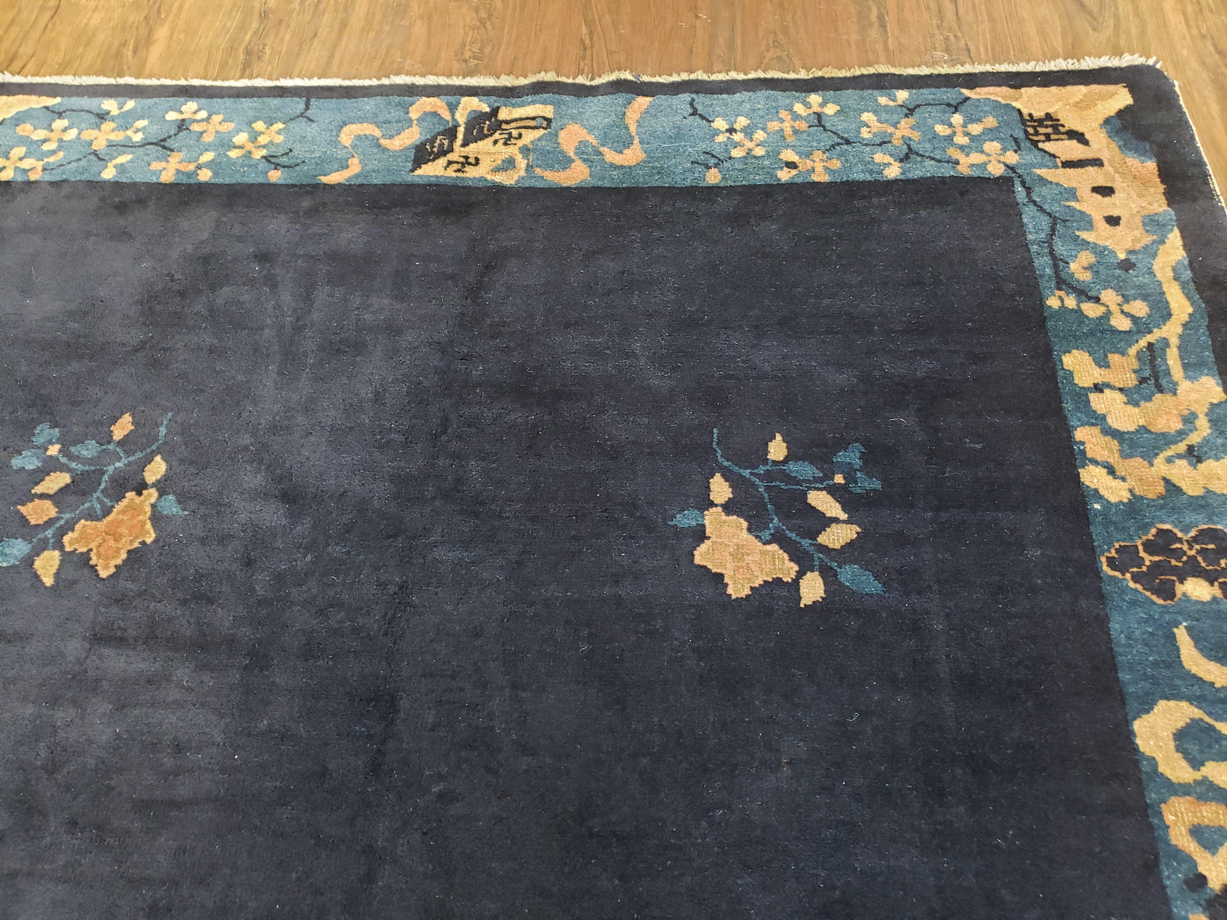 Antique Chinese Peking Area Rug, Hand-Knotted, Dark Blue, Wool, 5x7 Asian Pagoda Oriental Carpet, Rare, 5'1" x 7'6" Traditional Chinese Rug - Jewel Rugs