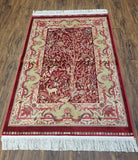 Tree of Life Silk Rug, Red, Beige, Deer, All Silk Oriental Carpet, Small Accent Rug, Very Detailed, Bamboo Silk, 2.5 x 4 ft, 2' 8" x 4' 1" - Jewel Rugs