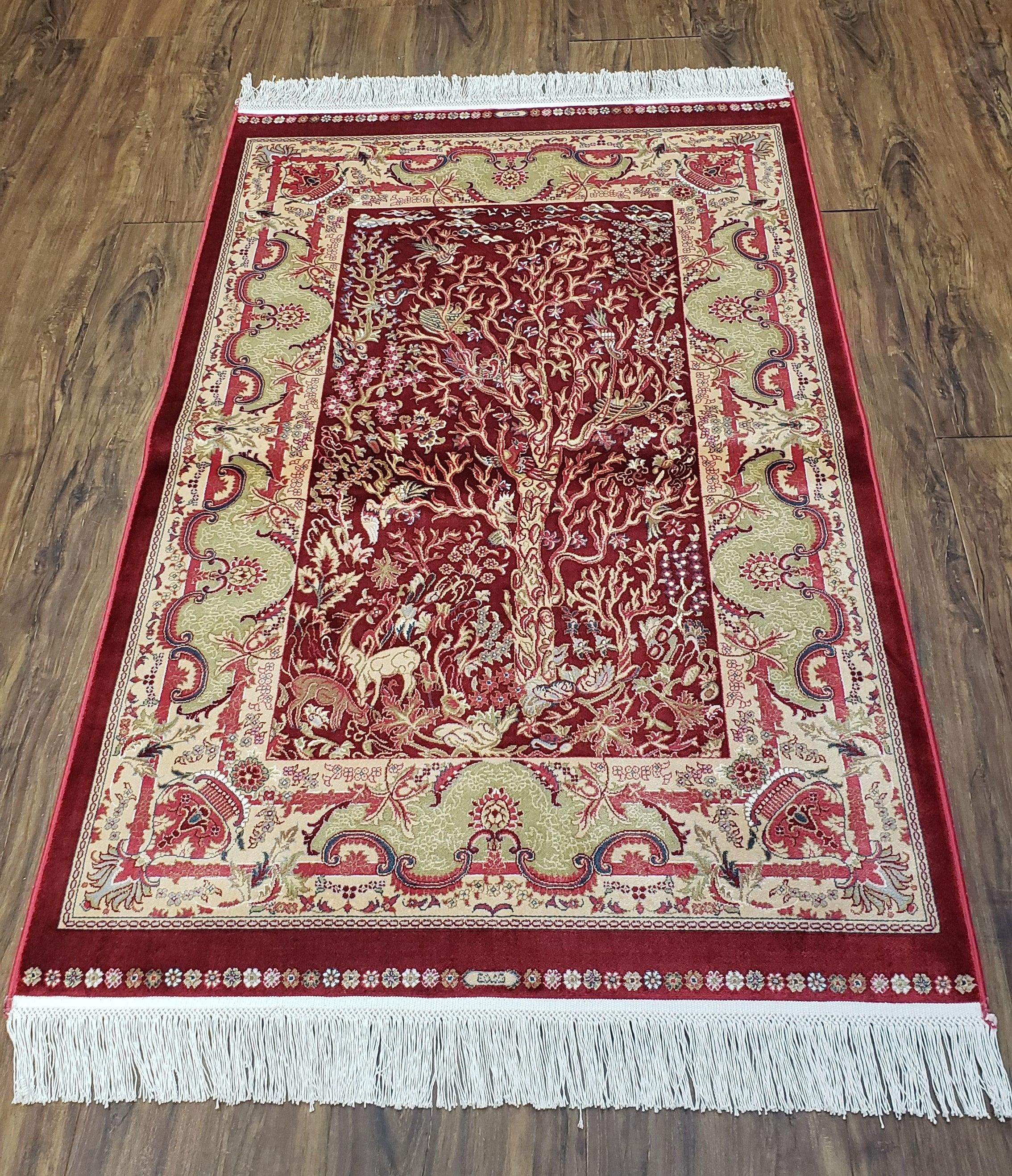 Tree of Life Silk Rug, Red, Beige, Deer, All Silk Oriental Carpet, Small Accent Rug, Very Detailed, Bamboo Silk, 2.5 x 4 ft, 2' 8" x 4' 1" - Jewel Rugs