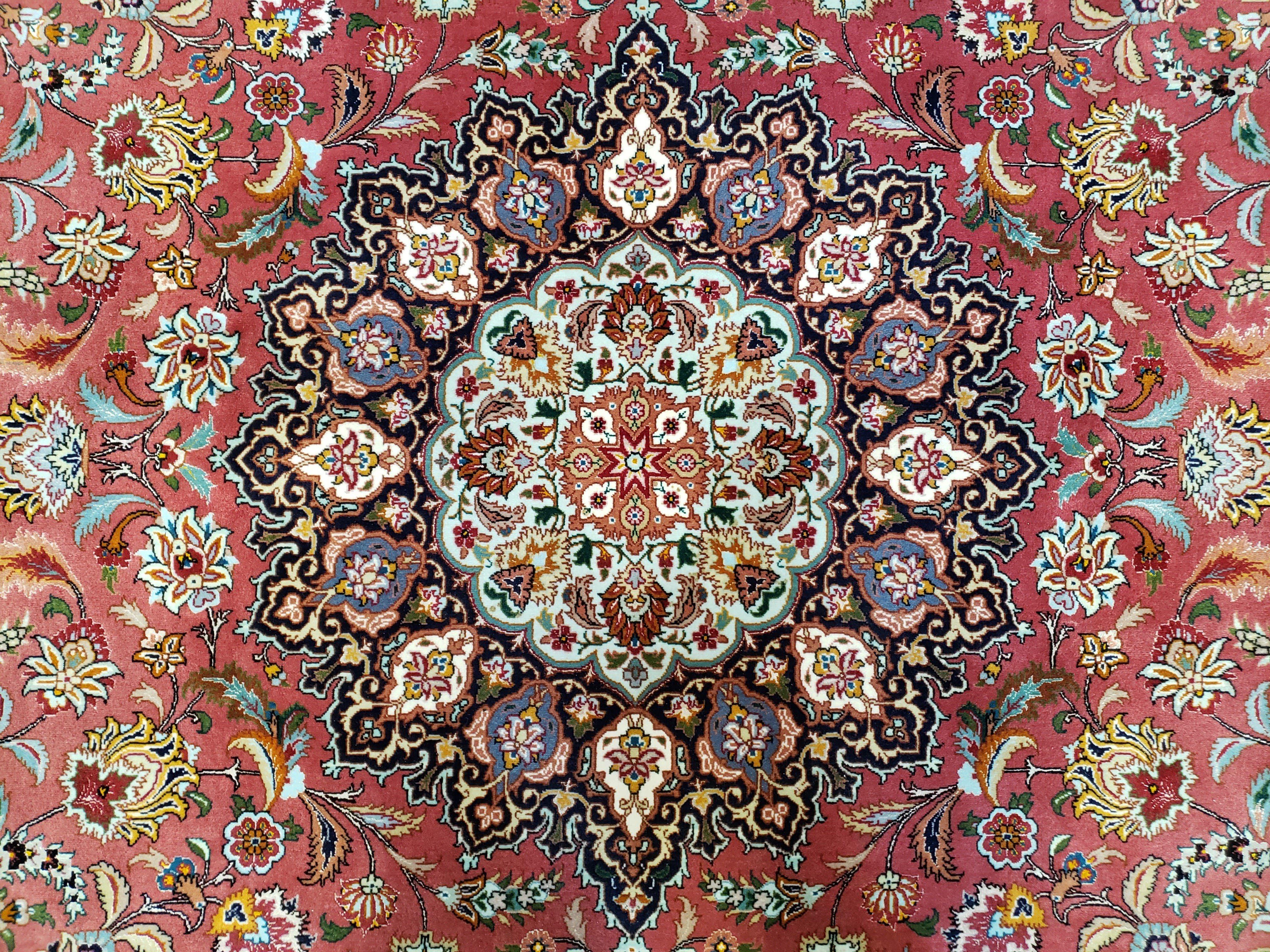 Vintage Persian Tabriz Rug 6.7 x 9.9, Wool Hand-Knotted Salmon Pink & Dark Blue Floral Medallion Carpet, Traditional Fine Persian Oriental Rug - Jewel Rugs