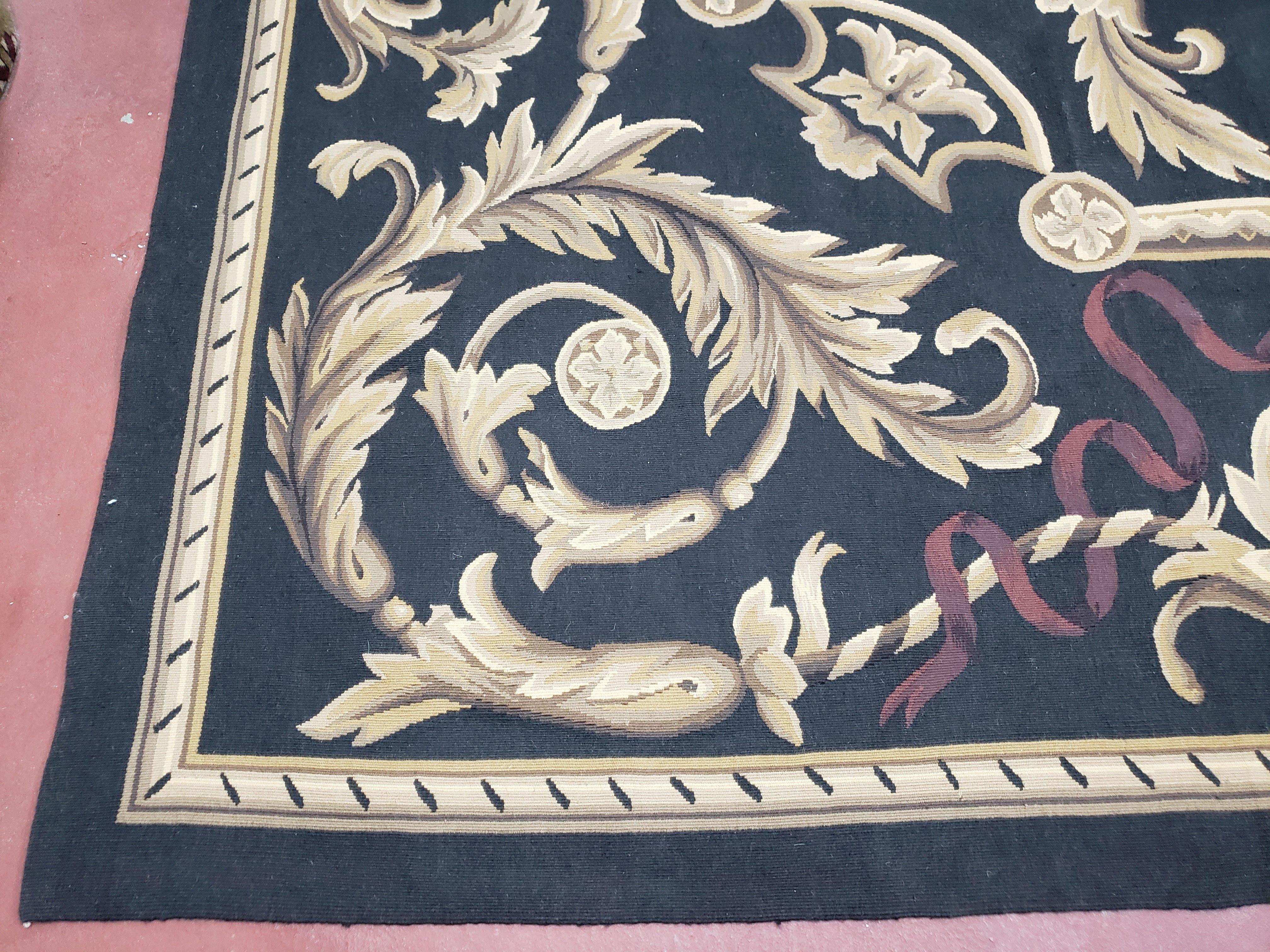 Black and Tan Aubusson Rug, 10 x 14 Aubusson Carpet, New Aubusson Rug, Elegant, Wool, Handmade Area Rug, Flatweave Rug, Large Aubusson Rug - Jewel Rugs