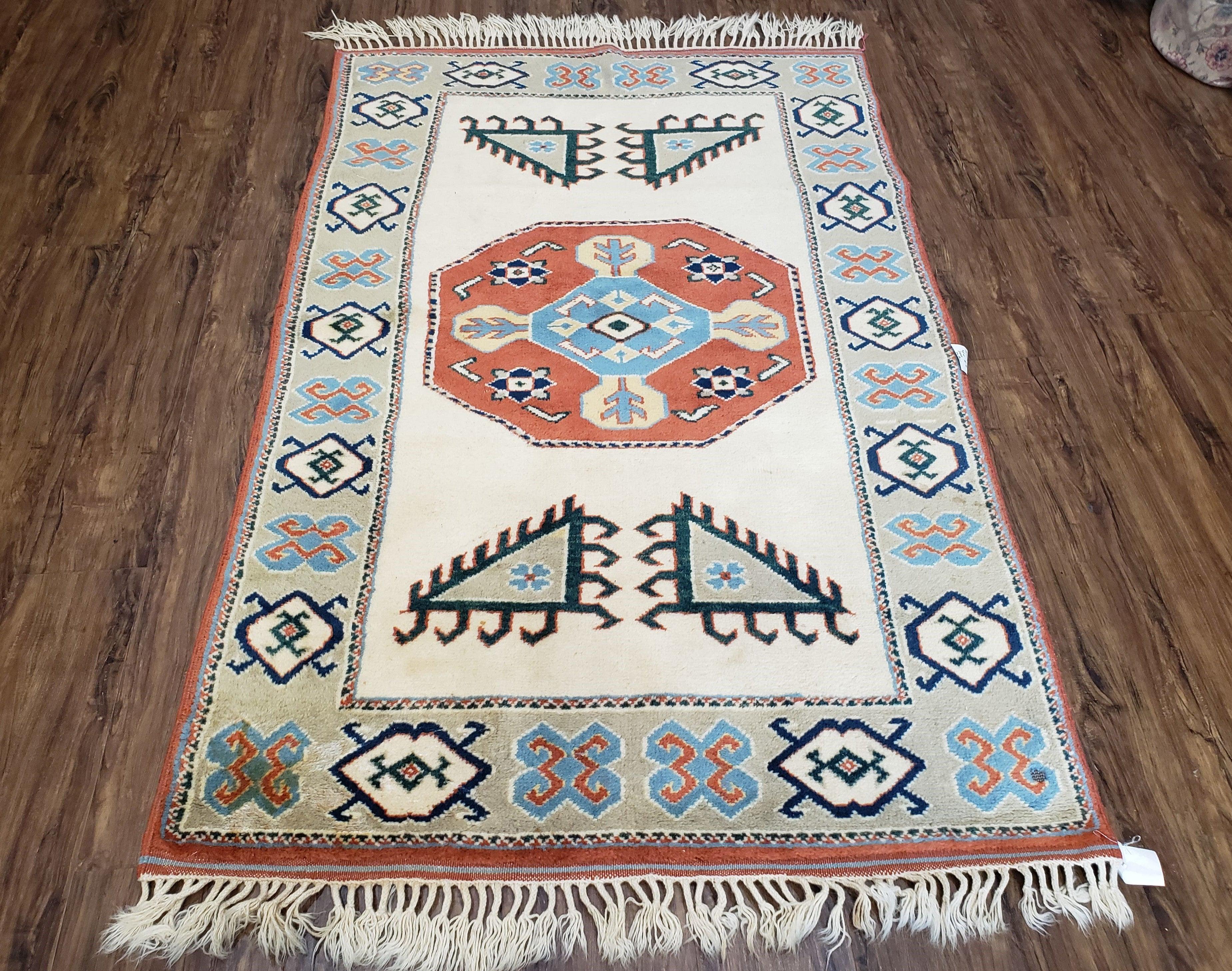 Vintage Turkish Rug 4x6, Beige Red Gray Carpet, Caucasian Design, Tribal Rug, Hand-Knotted, Boho Rug, Bohemian Home Decor - Jewel Rugs