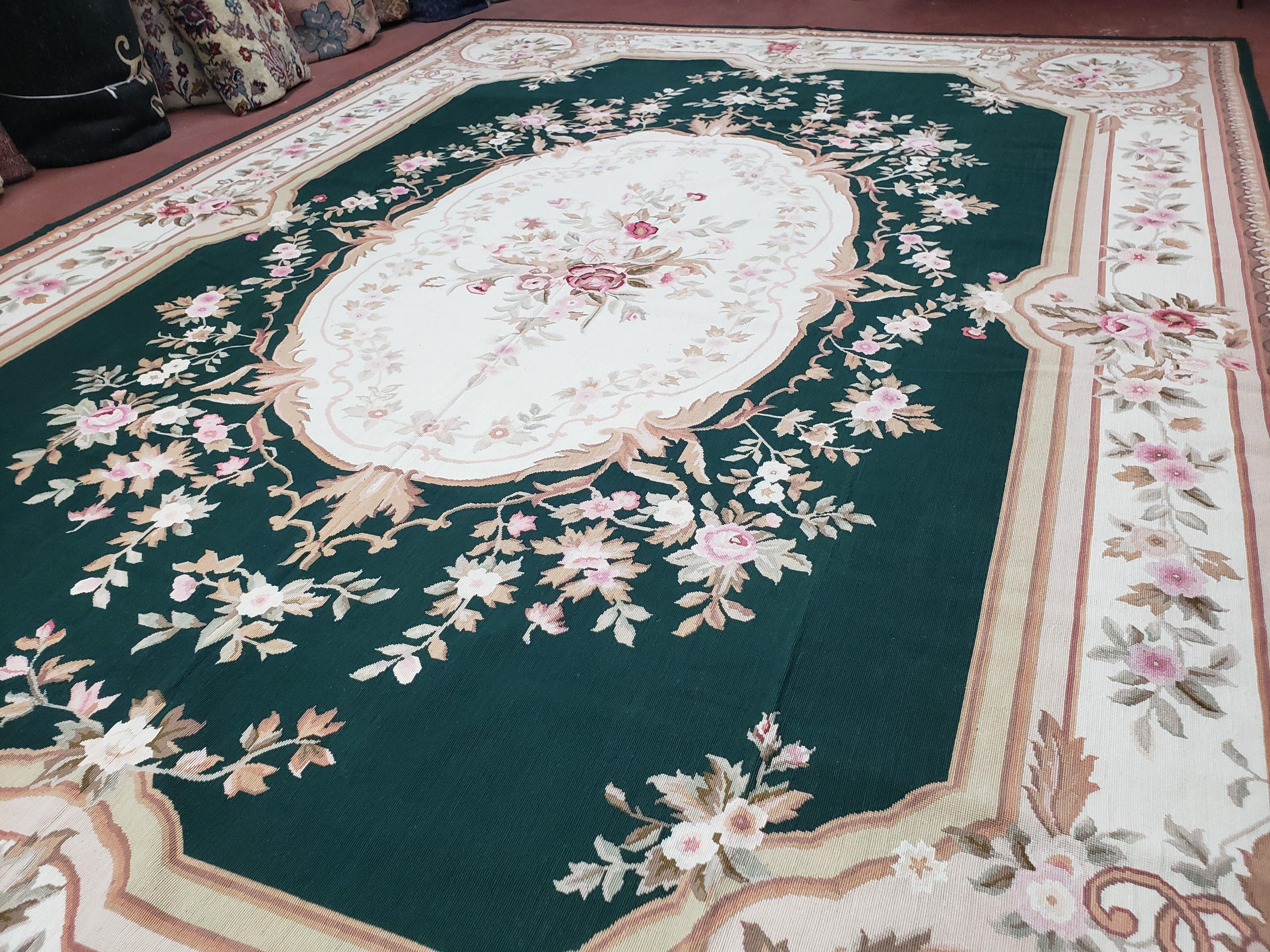 Dark Green Aubusson Rug, 10x14 Needlepoint Carpet, Vintage Wool Savonnerie Rug, Green and Ivory, Flatweave, Elegant, Large Handmade Rug - Jewel Rugs