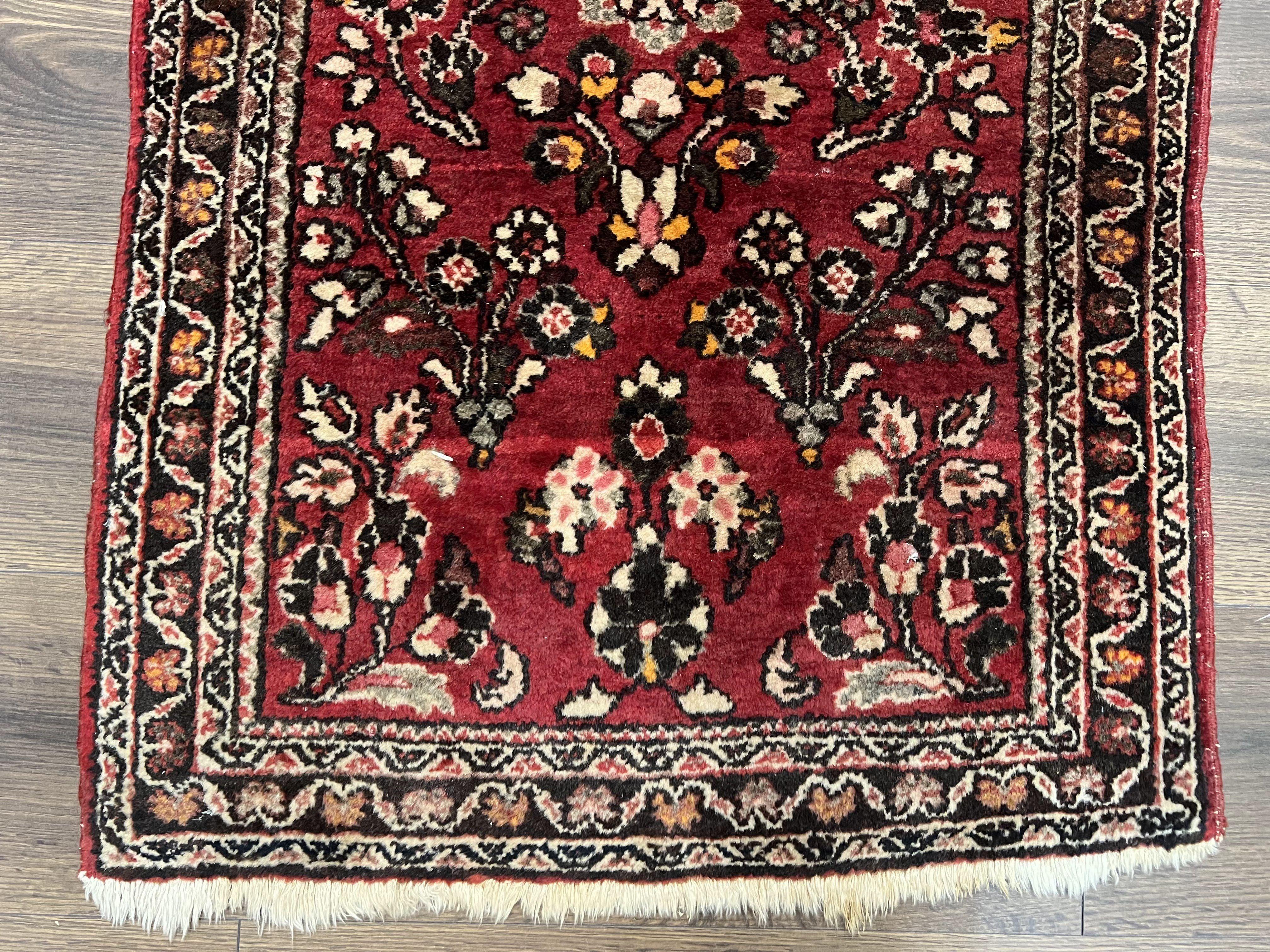 Small Persian Sarouk Rug 2x4 ft, Allover Floral Pattern, Red Black Cream, Hand Knotted Wool Traditional Oriental Carpet, Antique Persian Rug 2 x 4 - Jewel Rugs