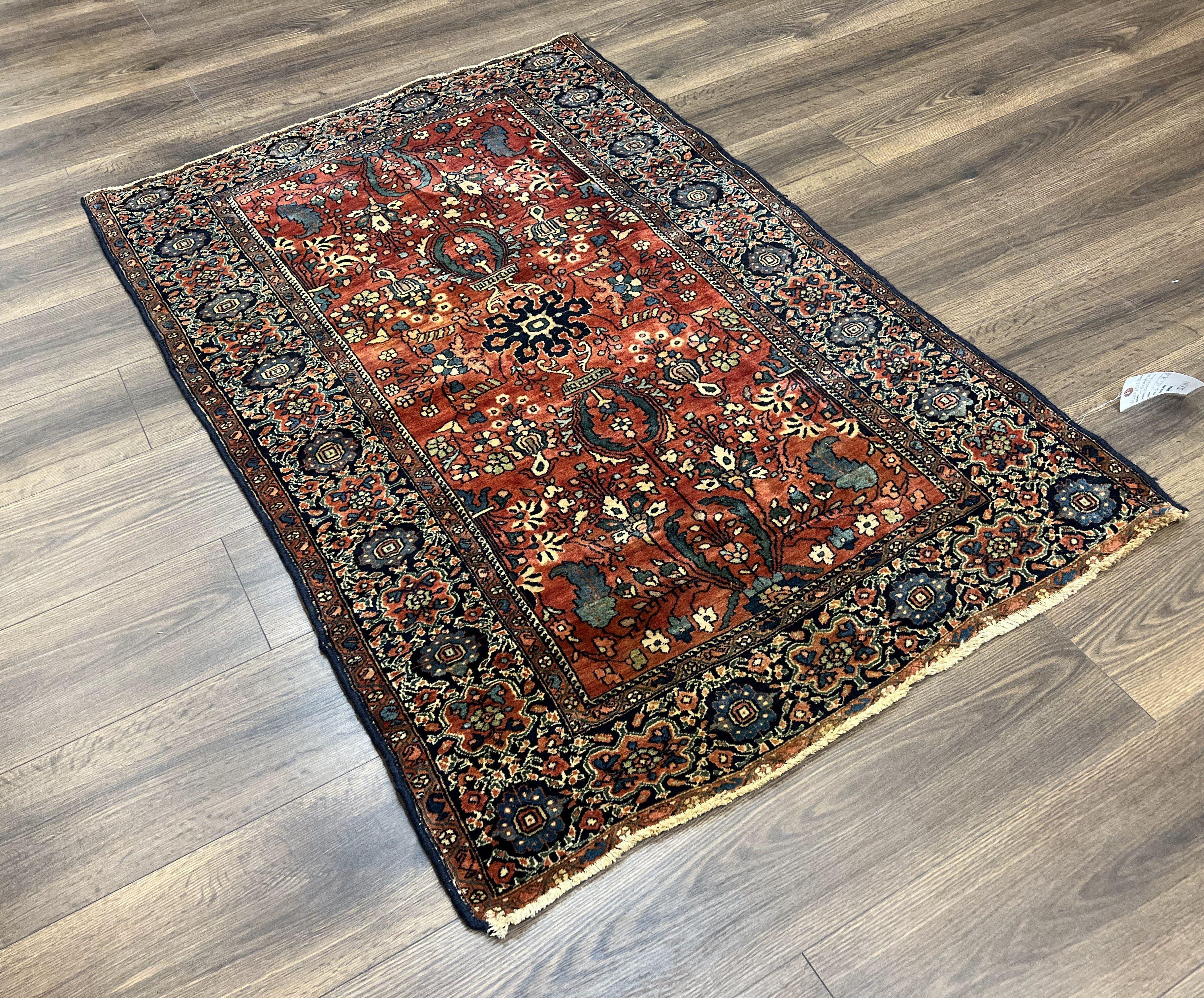 Beautiful Antique Persian Sarouk Farahan Rug 3x6, Red Navy Blue Oriental Carpet, Wool Handmade Rug, High Quality Collectible 1920s Feraghan Rug - Jewel Rugs