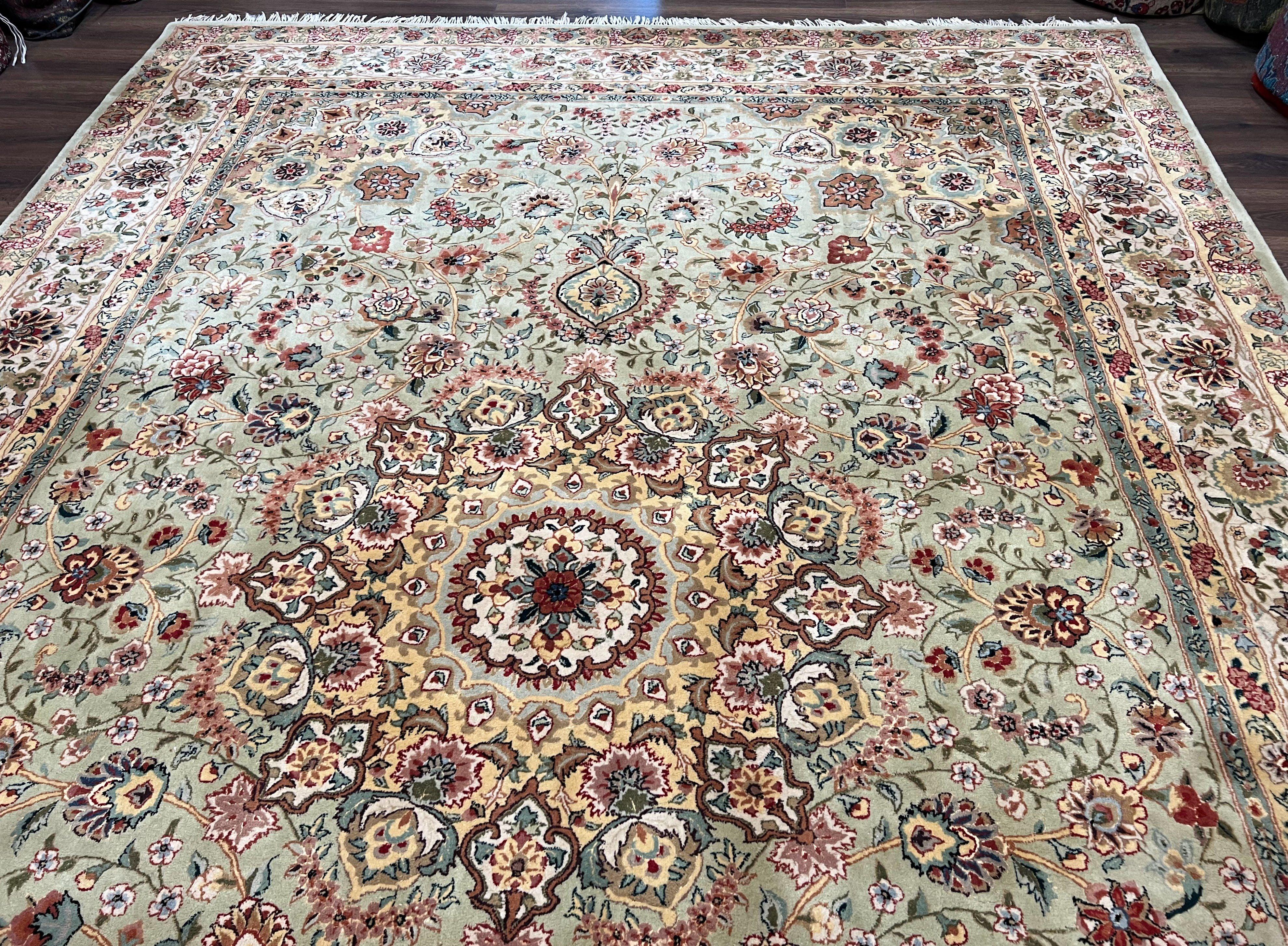 Large Oriental Rug 10x14, Persian Design Carpet 10 x 14, Vintage Hand-Tufted Wool Rug, Floral Medallion, Pastel Green Ivory Light Yellow - Jewel Rugs