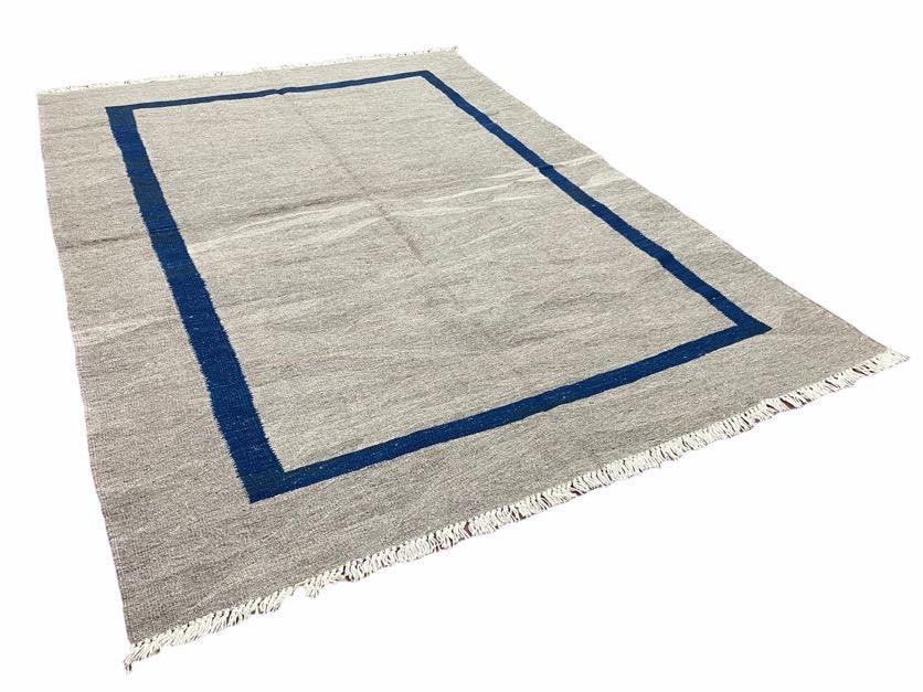 Geometric Turkish Kilim Rug 5' 7" x 7' 9", Flatweave Carpet, Minimal Design, Anatolian Carpet, Gray, Geometric, Dark Blue, Hand-Knotted, New - Jewel Rugs