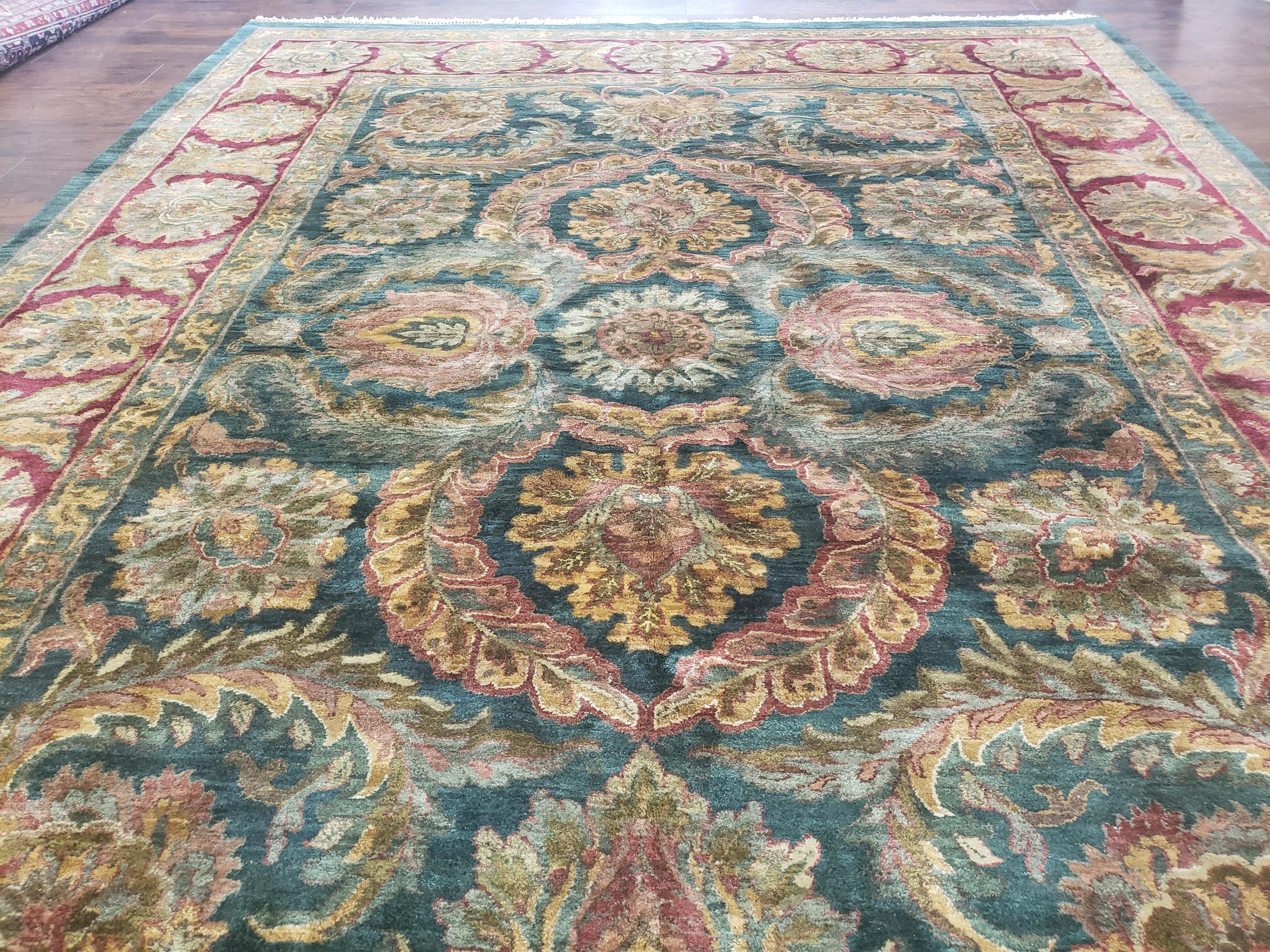 Large Indian Room Sized Rug 10x14, Indo Mahal Sultanabad Area Rug Dark Green Red, Wool Hand-Knotted Large Floral Carpet Soft Living Room Rug - Jewel Rugs