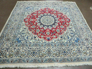 Semi Antique Persian Nain Rug, Square Oriental Carpet, 6'3" x 6' 8", Hand-Knotted, Wool with Silk Accents, Ivory Red Blue, 6ft Square Rug - Jewel Rugs