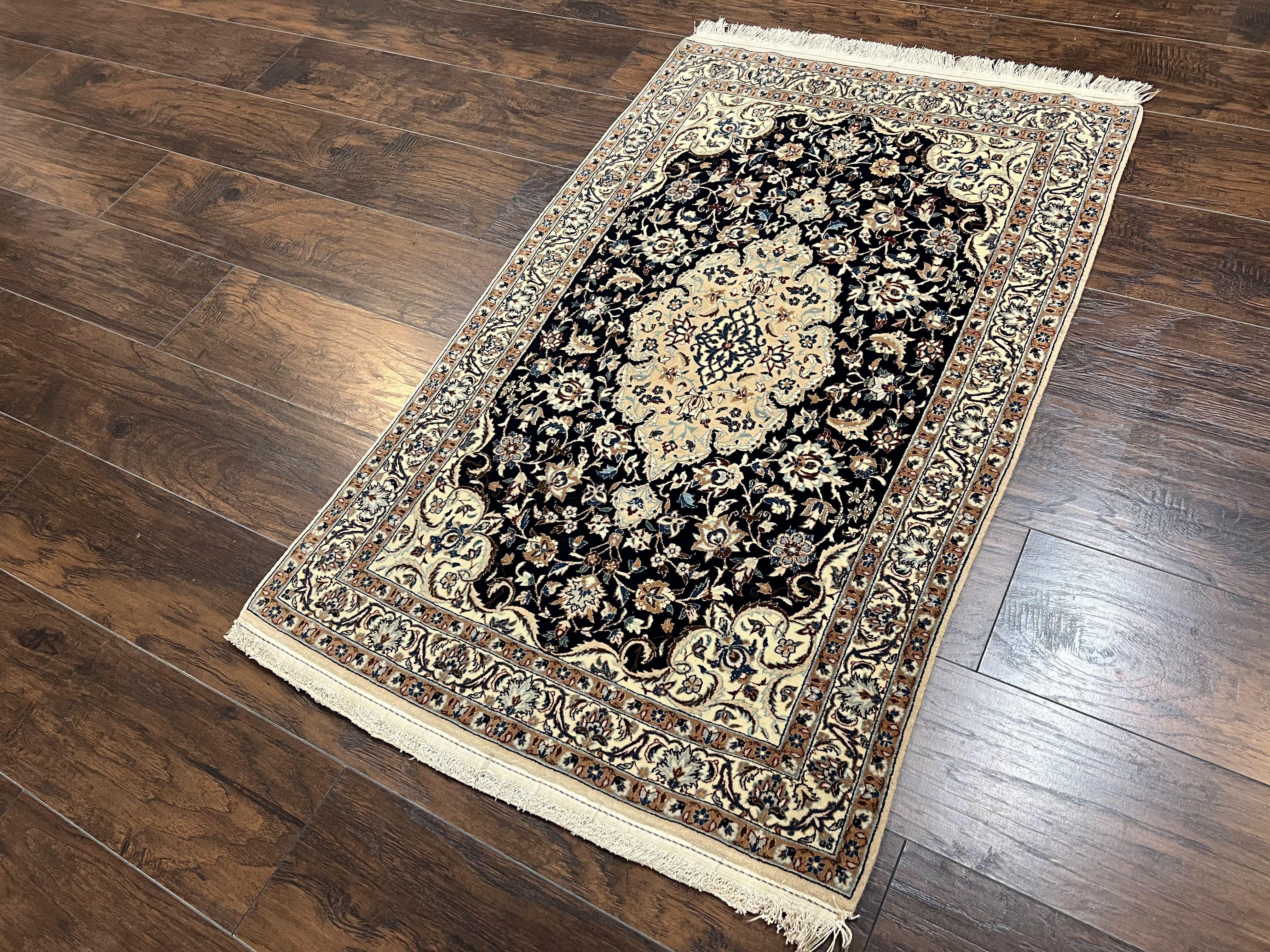 Fine Vintage Persian Nain Rug 2.8 x 4.2, Floral Medallion, Navy Blue and Cream, Highly Detailed, Small Oriental Rug 2.5 x 4, Hand Knotted Wool & Silk Accents - Jewel Rugs