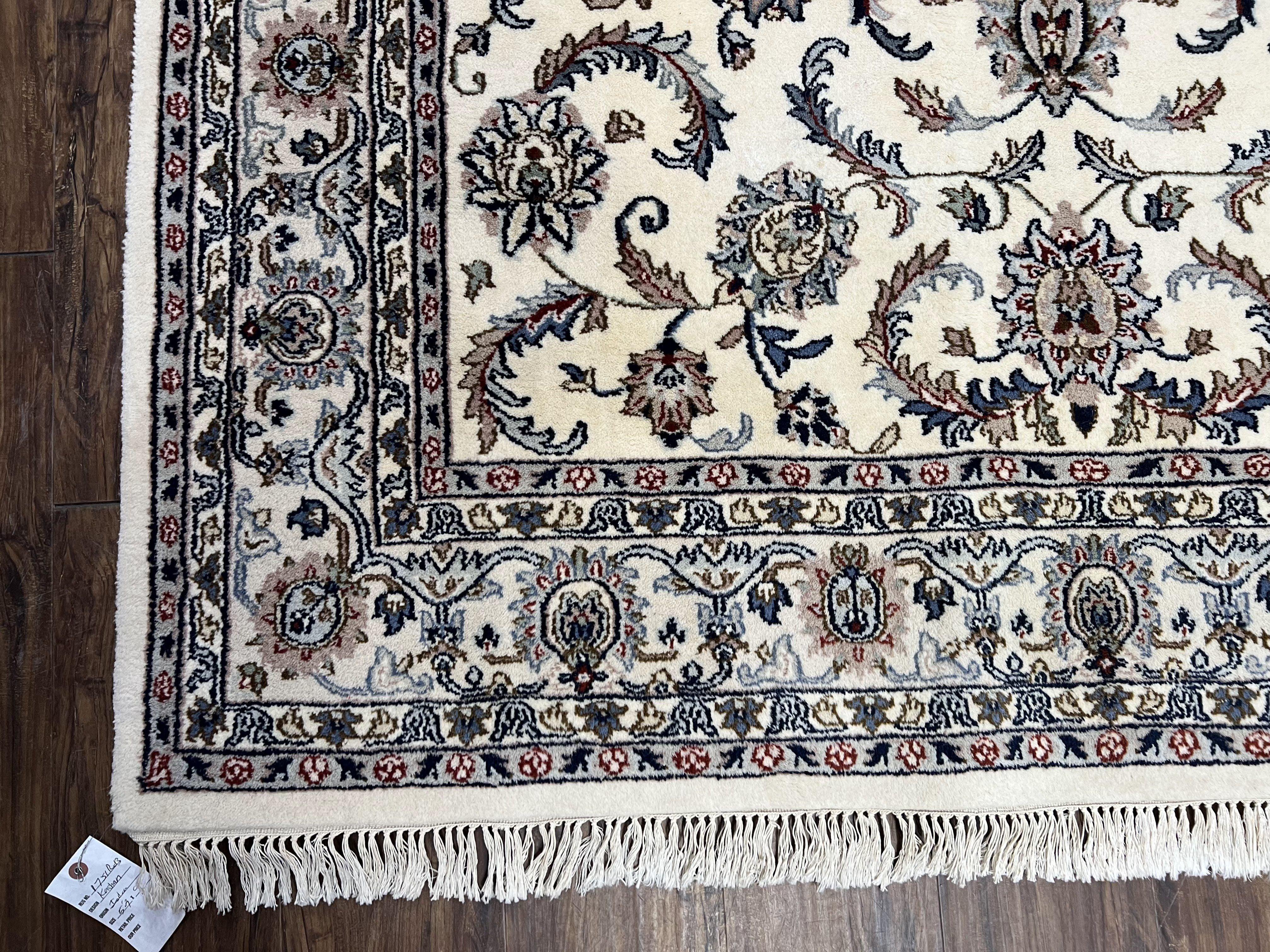 Indian Rug 5.7 x 9, Vintage Oriental Carpet, Handmade Hand Knotted Wool Rug, Living Room Rug, Bedroom Rug, Ivory and Gray, Allover Floral - Jewel Rugs