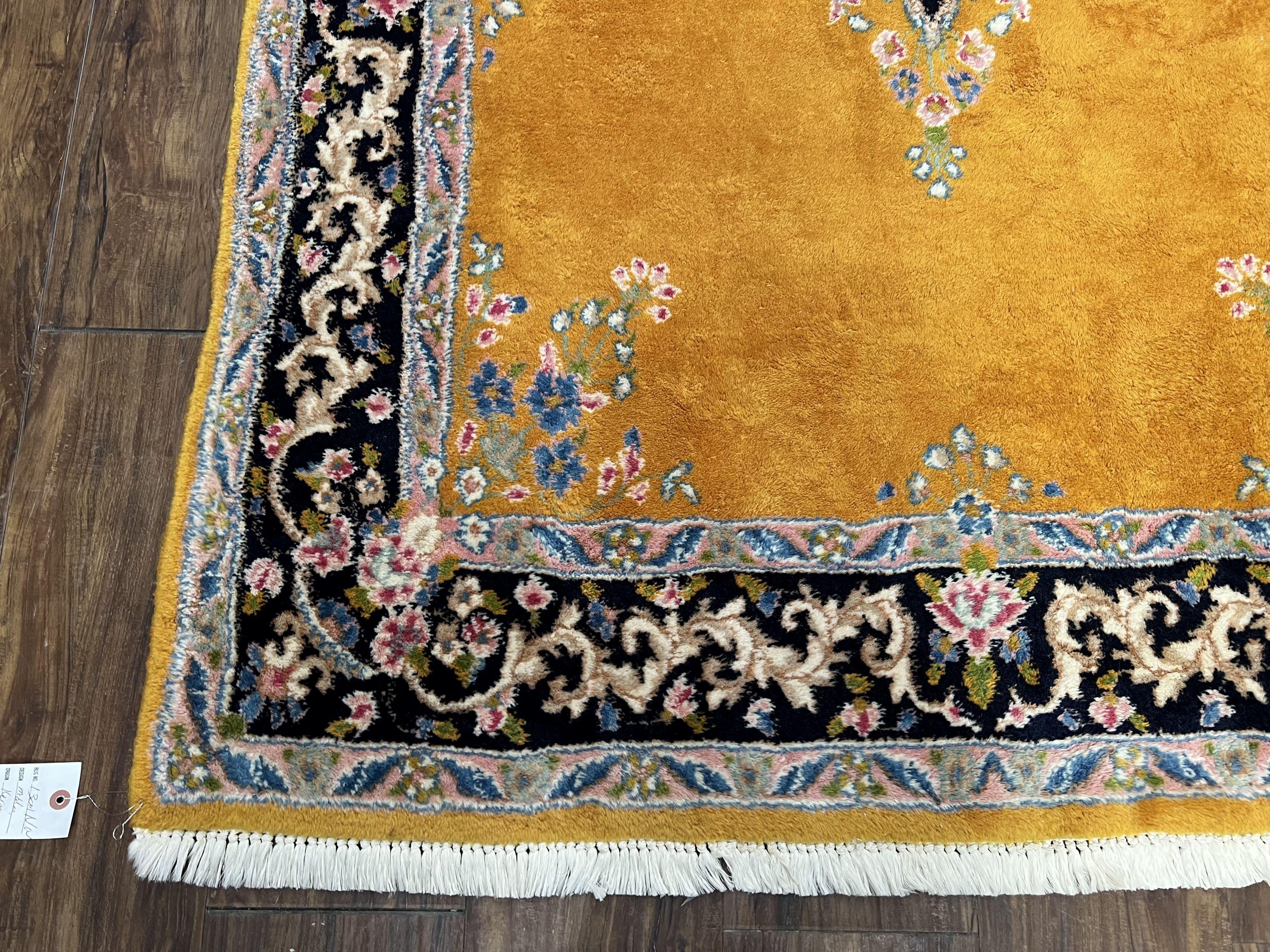 Vintage Persian Kirman Rug 4x7, Unique Colors, Mustard and Black Rug, Open Field with Central Medallion, Wool Oriental Rug, Persian Carpet Handmade - Jewel Rugs