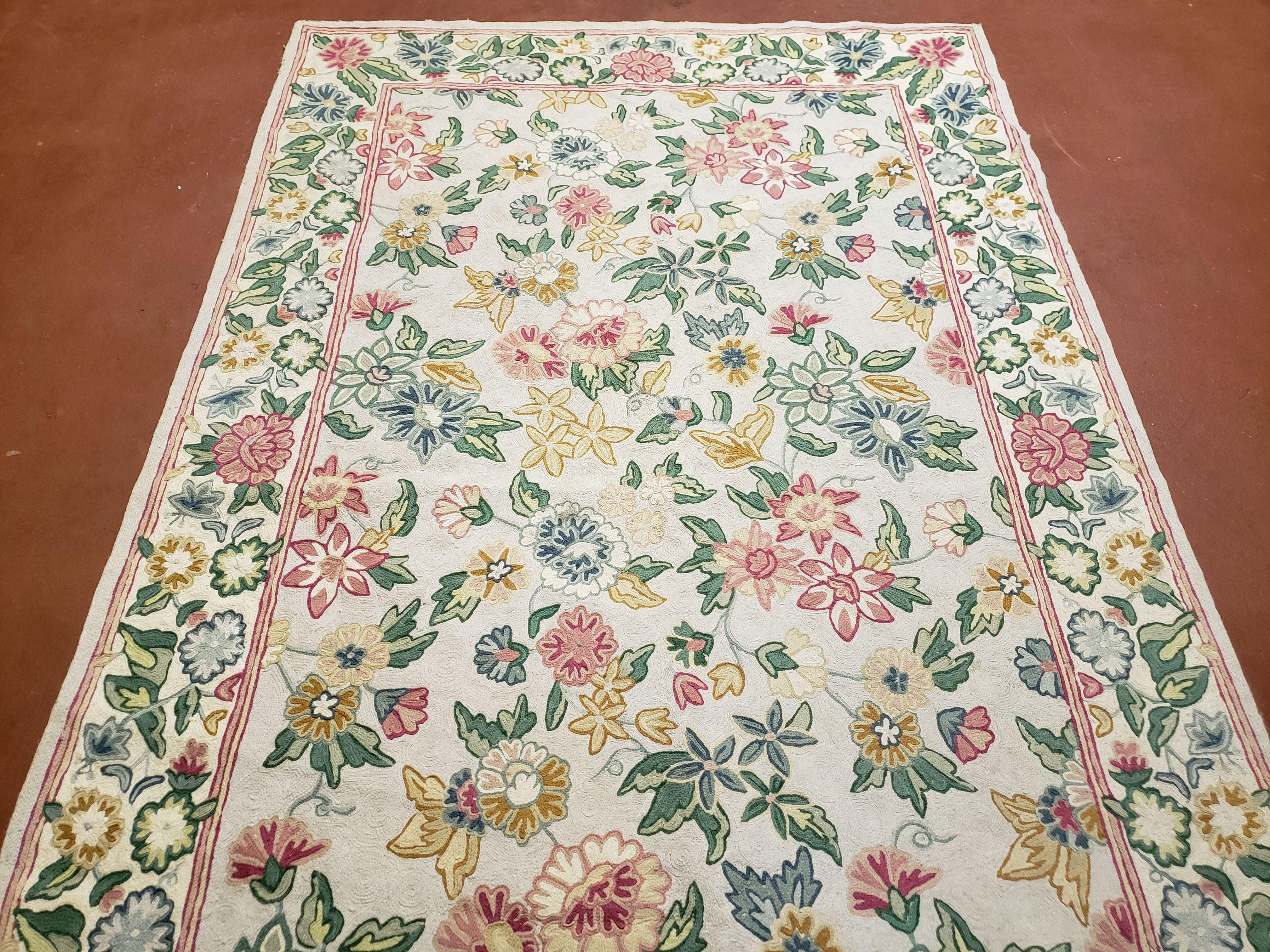 4x6 Chain Stitch Rug 3x5 Indian Rug Hand-Stitched Indo Rug 3' 6" x 5' 5" Floral Pattern Colorful Vintage Wool Pile Cotton Area Rug Flowers - Jewel Rugs