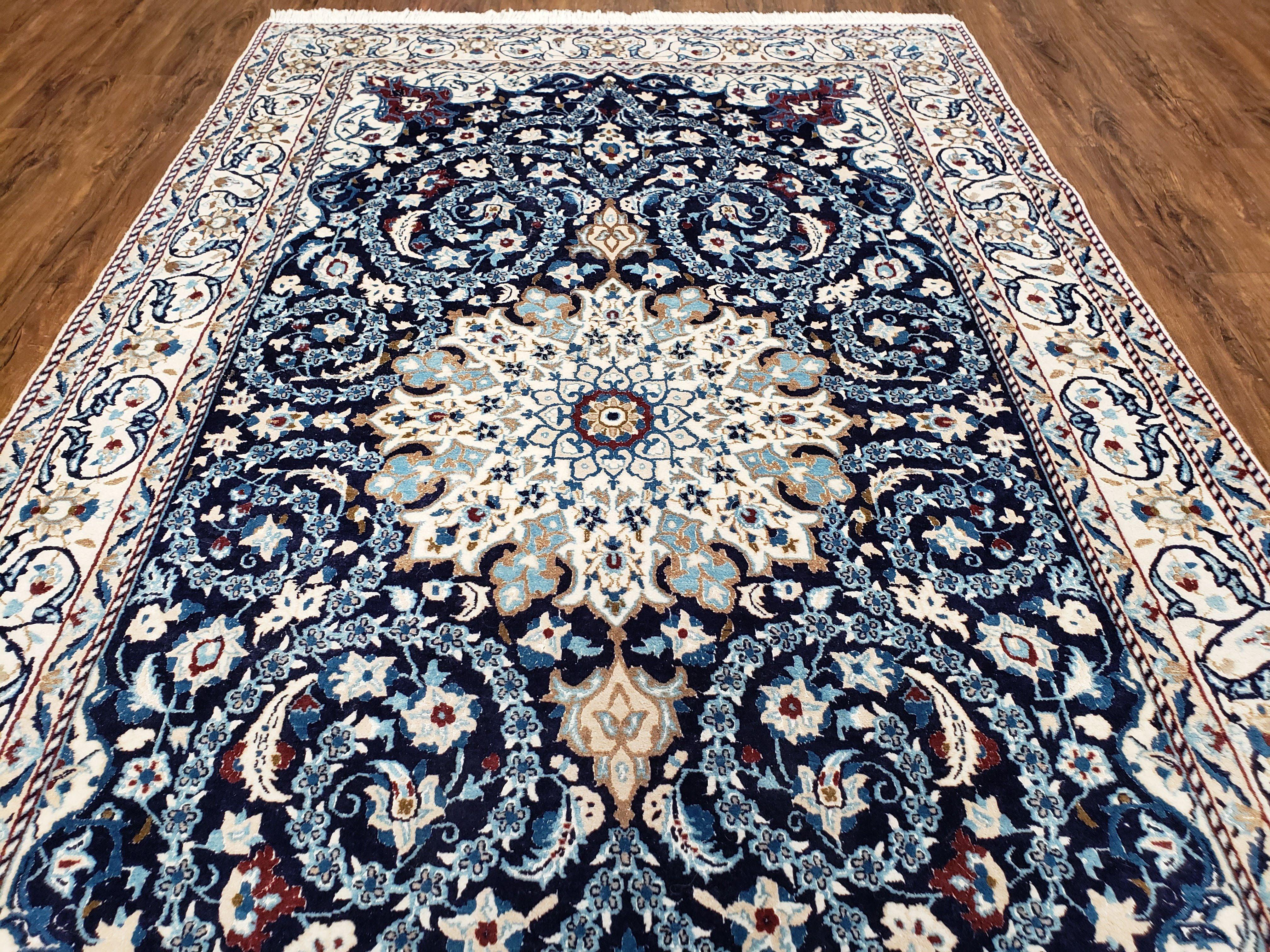 Persian Nain Rug, Lachak Toranj Design, Wool with Silk Highlights, Floral Medallion, Hand-Knotted, Blue & Ivory, 5' x 8' 4" - Jewel Rugs