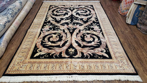 Vintage Black Chinese Savonnerie Area Rug 6x9, Wool & Silk Hand-Knotted Fine Oriental Carpet, Aubusson French Style, Elegant Design 120 Line - Jewel Rugs