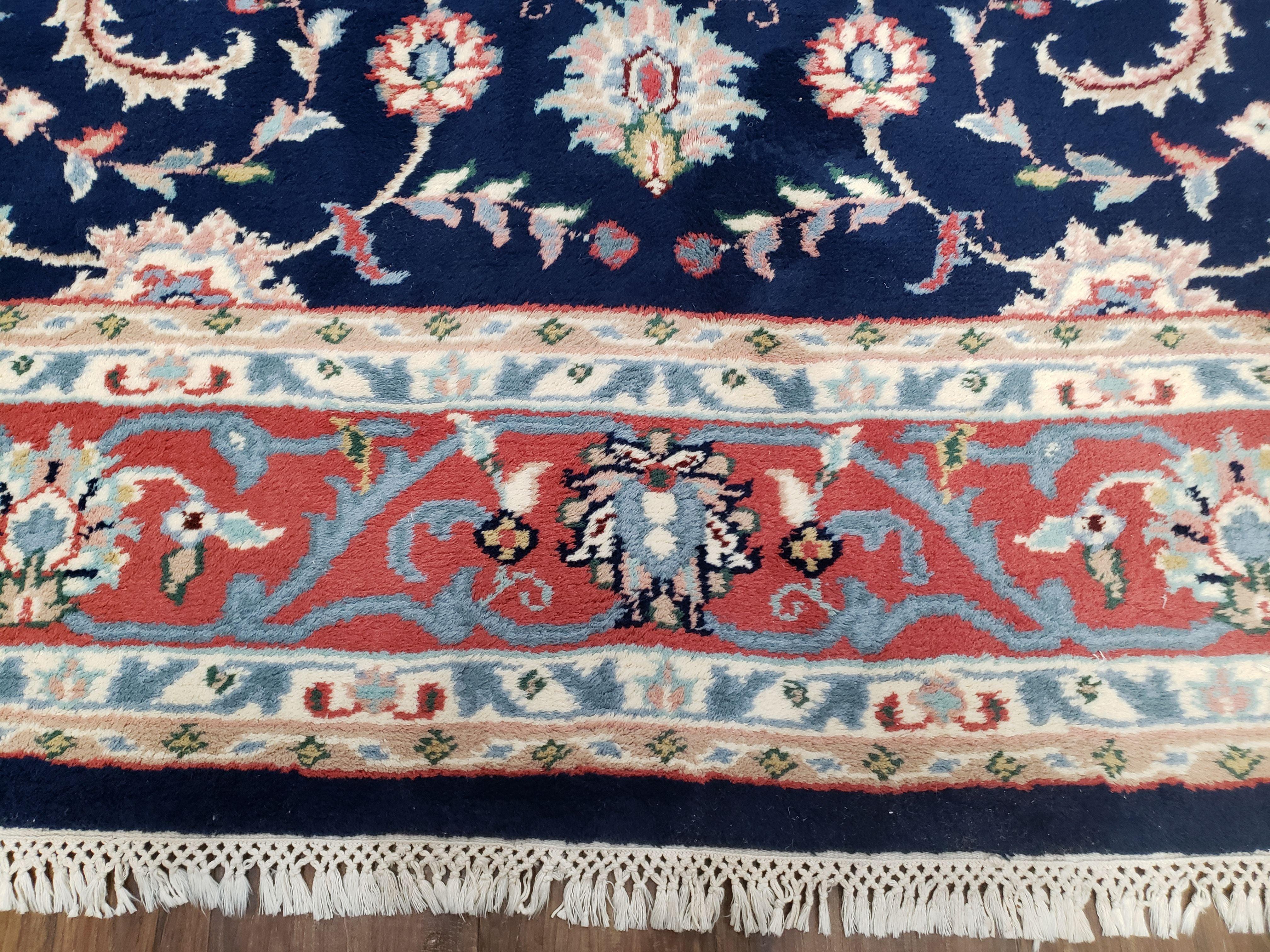 Vintage Indian Rug, Allover Floral Oriental Rug, Hand-Knotted, Wool, Dark Blue & Red, Indo Persian Rug, Allover Pattern, 8x11 Rug - Jewel Rugs