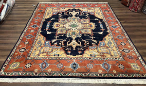 Indo Persian Heriz Rug 8x10, Indian Wool Carpet 8 x 10, Navy Blue Caramel Red, Large Geometric Medallion, Vintage Handmade Wool Oriental Rug - Jewel Rugs