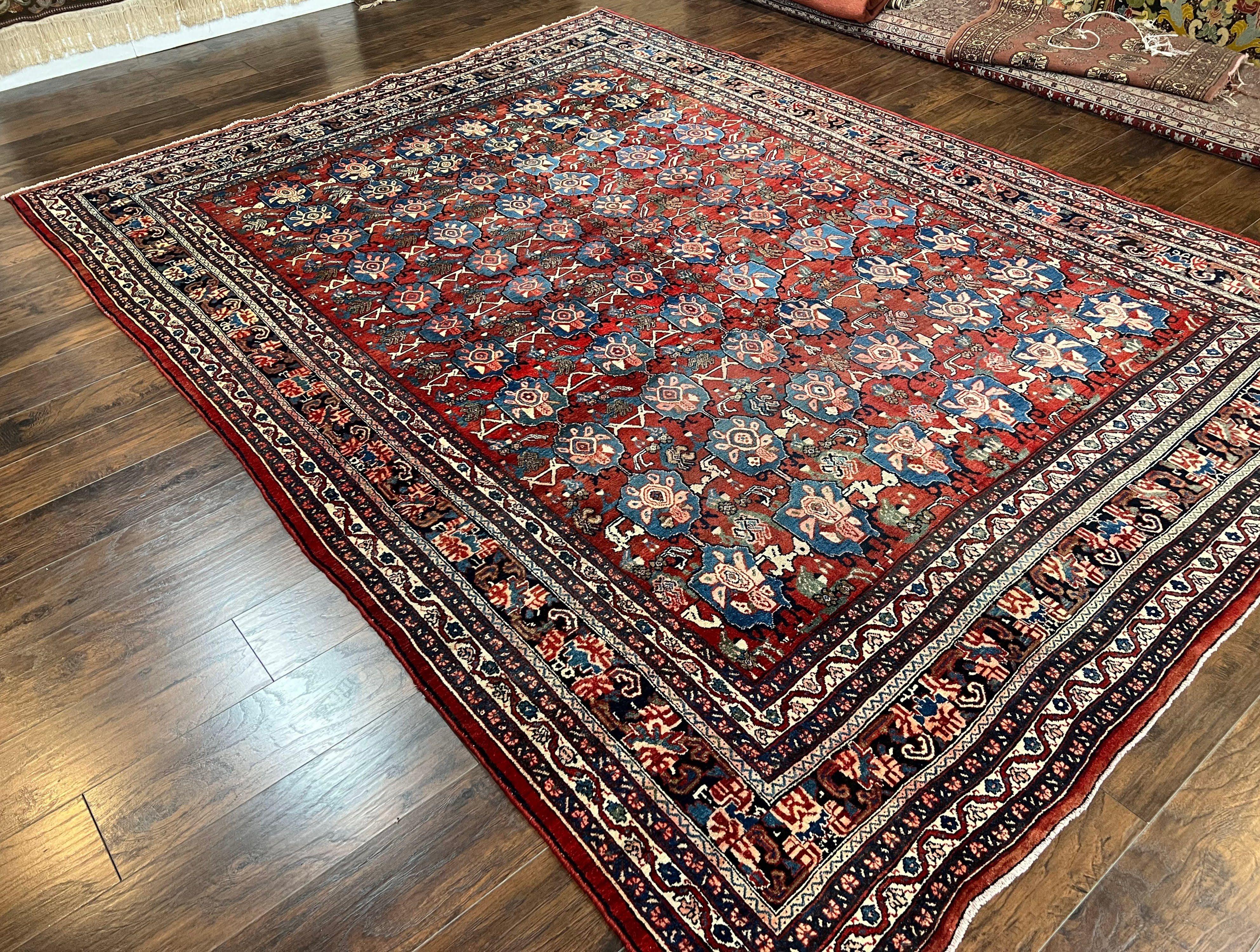Antique Persian Bijar Rug 9x12 - Allover Motif, Red & Blue - Jewel Rugs