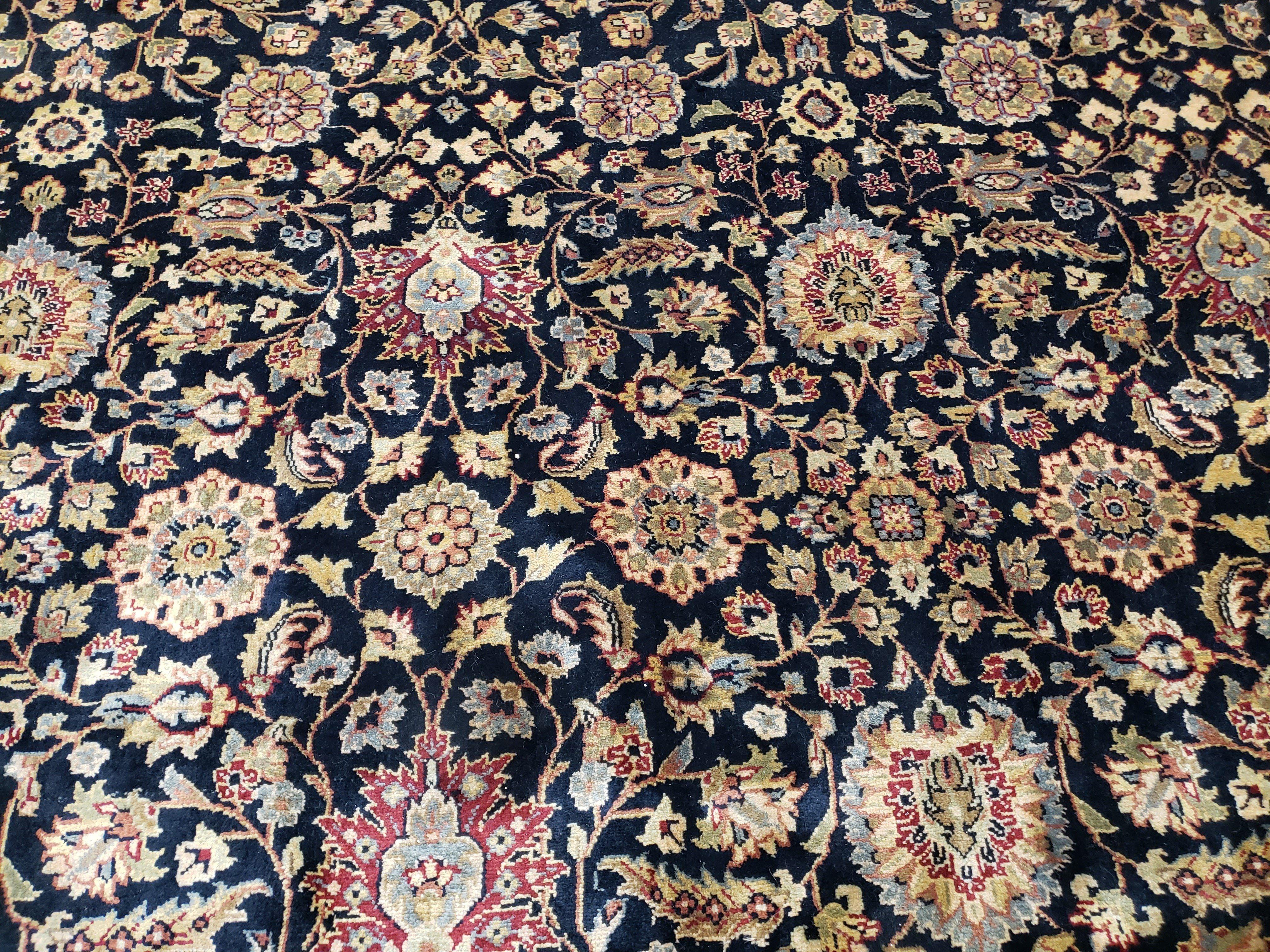 Large Indo Persian Oriental Rug 10x13.7, Wool Hand-Knotted Midnight Blue Red Allover Floral Indian Carpet, 10x13 - 10x14 Living Room Rug - Jewel Rugs