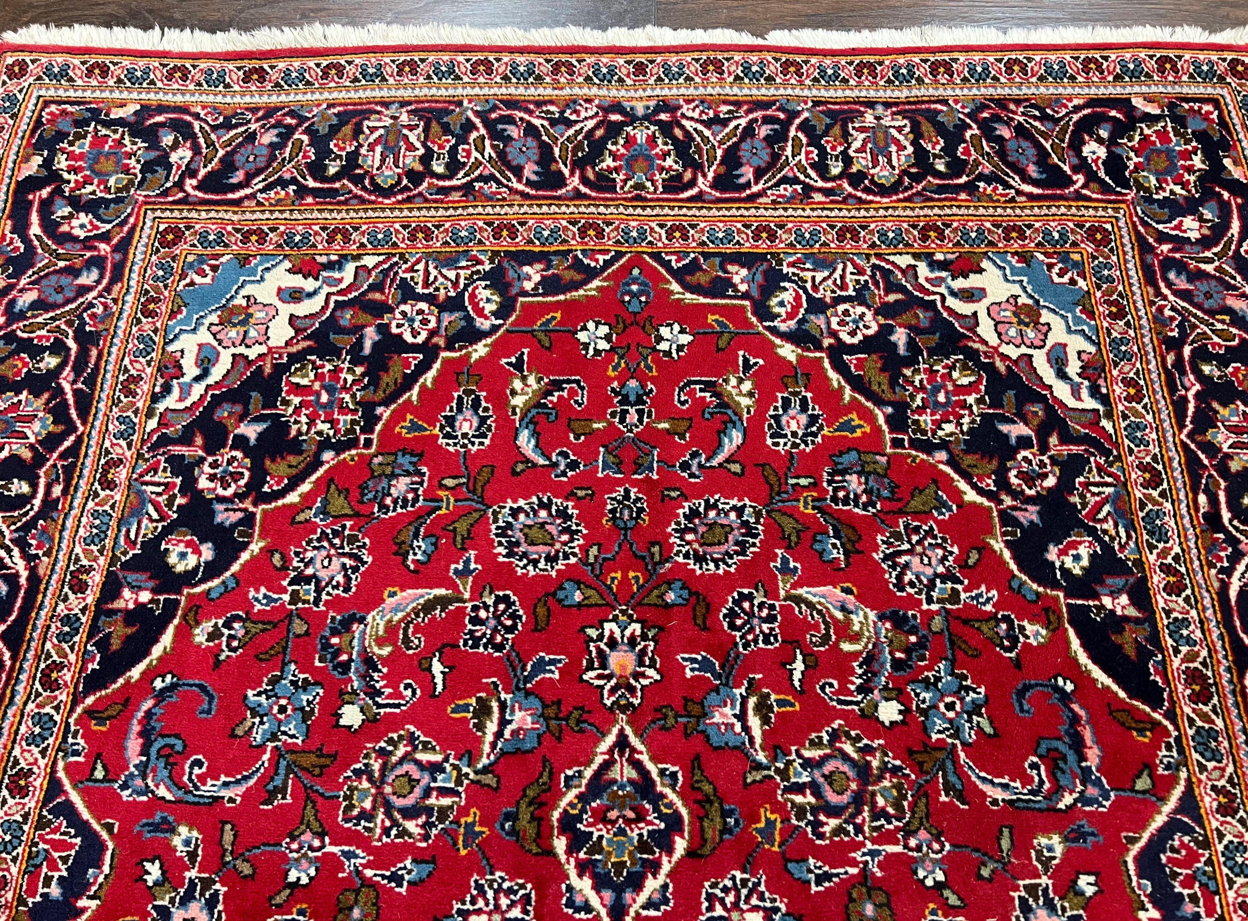 Persian Kashan Rug 4.9 x 8.5, Red and Navy Blue Semi Antique Vintage Wool Oriental Carpet, Hand Knotted Rug, Floral Medallion, High Quality Rug - Jewel Rugs