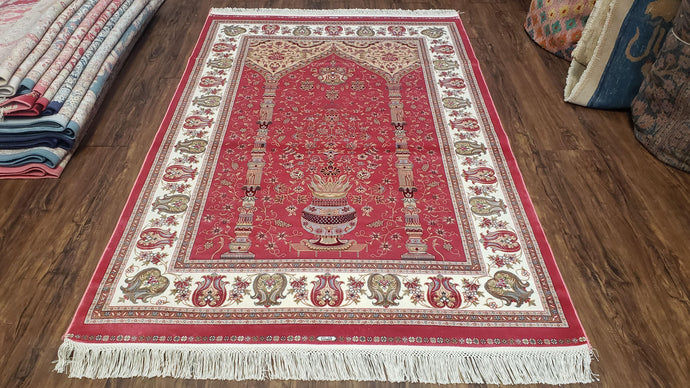 4 x 6 Silk Carpet Red, Traditional Oriental Rug 4x6, Flower Vase Columns, Turkish Rug New, High Quality, Bamboo Silk, Area Rug - Jewel Rugs