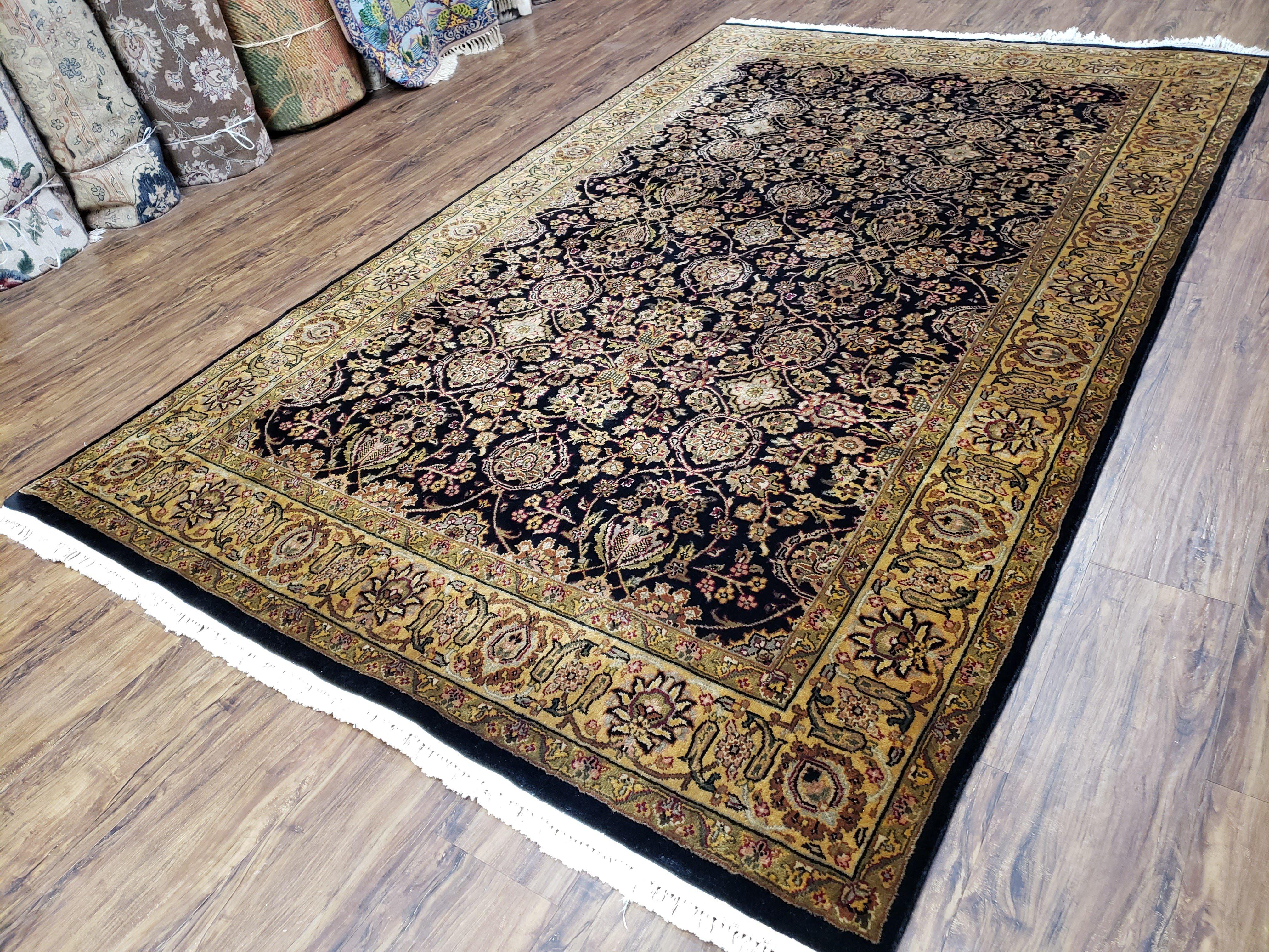 Vintage Floral Indo-Persian Area Rug 5x9 - 6x10, Wool Hand-knotted Black & Gold Indian Oriental Carpet, 6x9 Dining Table Rug, Bedroom Rug - Jewel Rugs