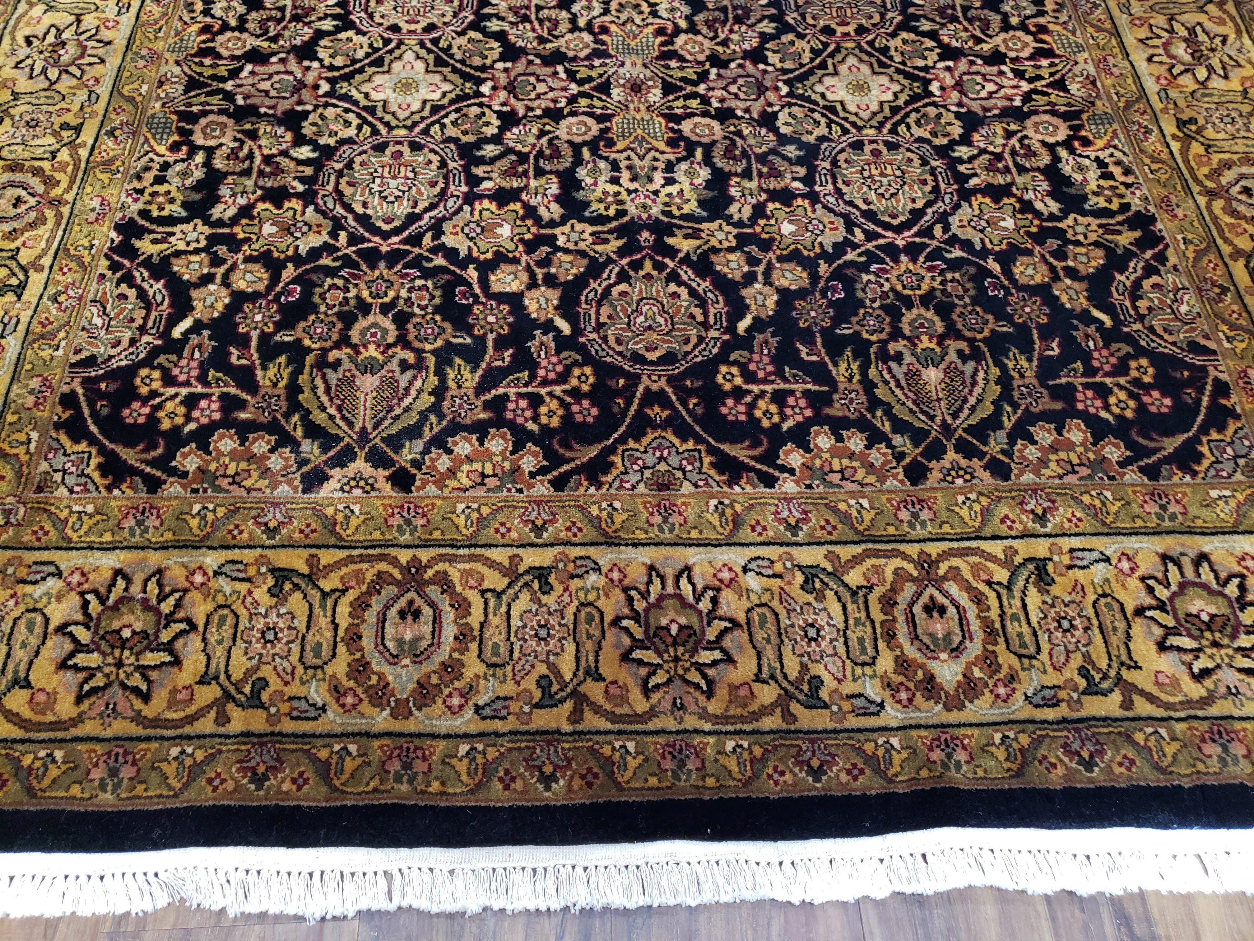 Vintage Floral Indo-Persian Area Rug 5x9 - 6x10, Wool Hand-knotted Black & Gold Indian Oriental Carpet, 6x9 Dining Table Rug, Bedroom Rug - Jewel Rugs