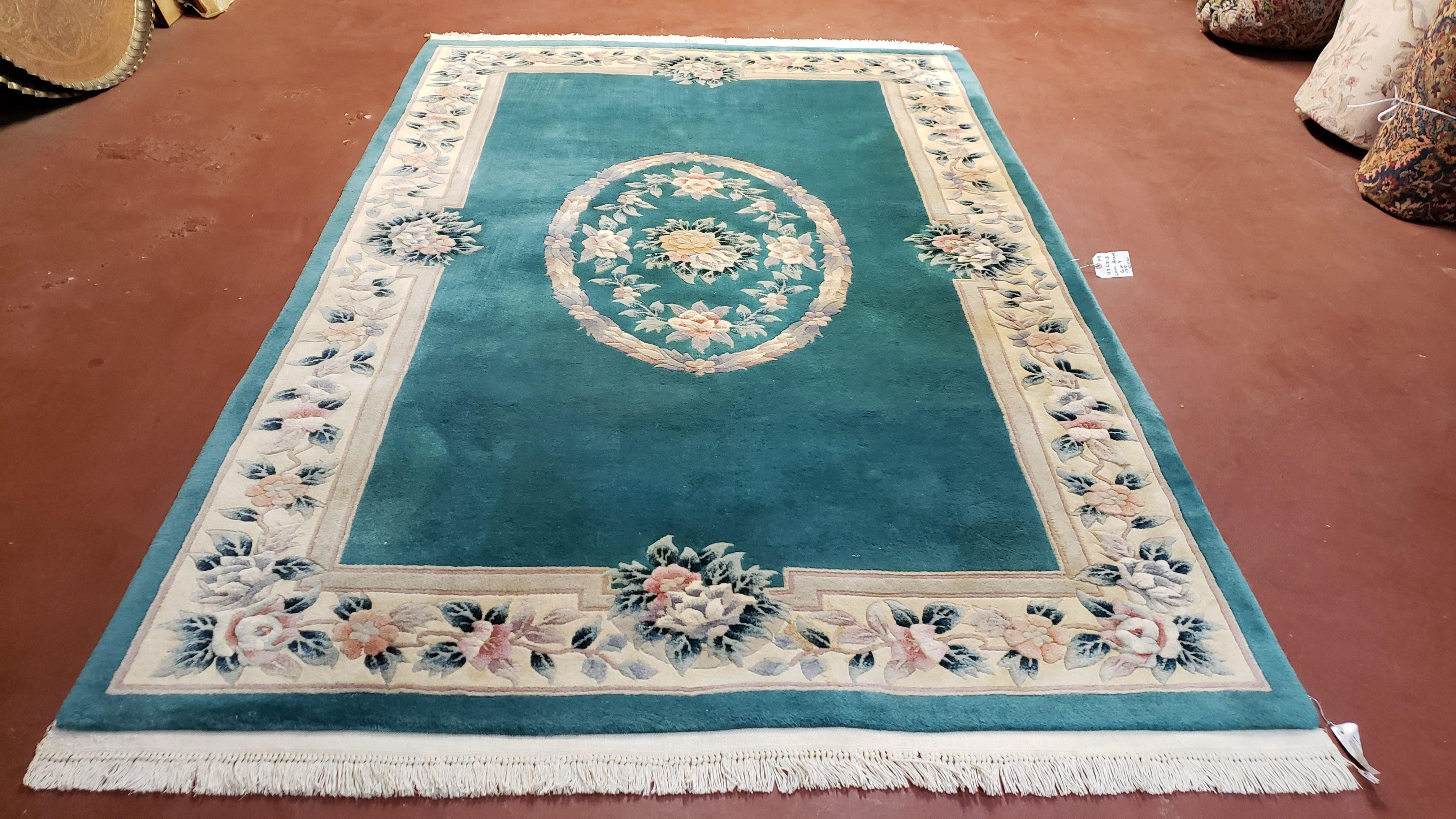 Teal Chinese Rug 6x9, Vintage Chinese Wool Carpet, Aubusson Pattern, Beige Border, Floral Design, Handmade Area Rug, Soft Plush Pile - Jewel Rugs