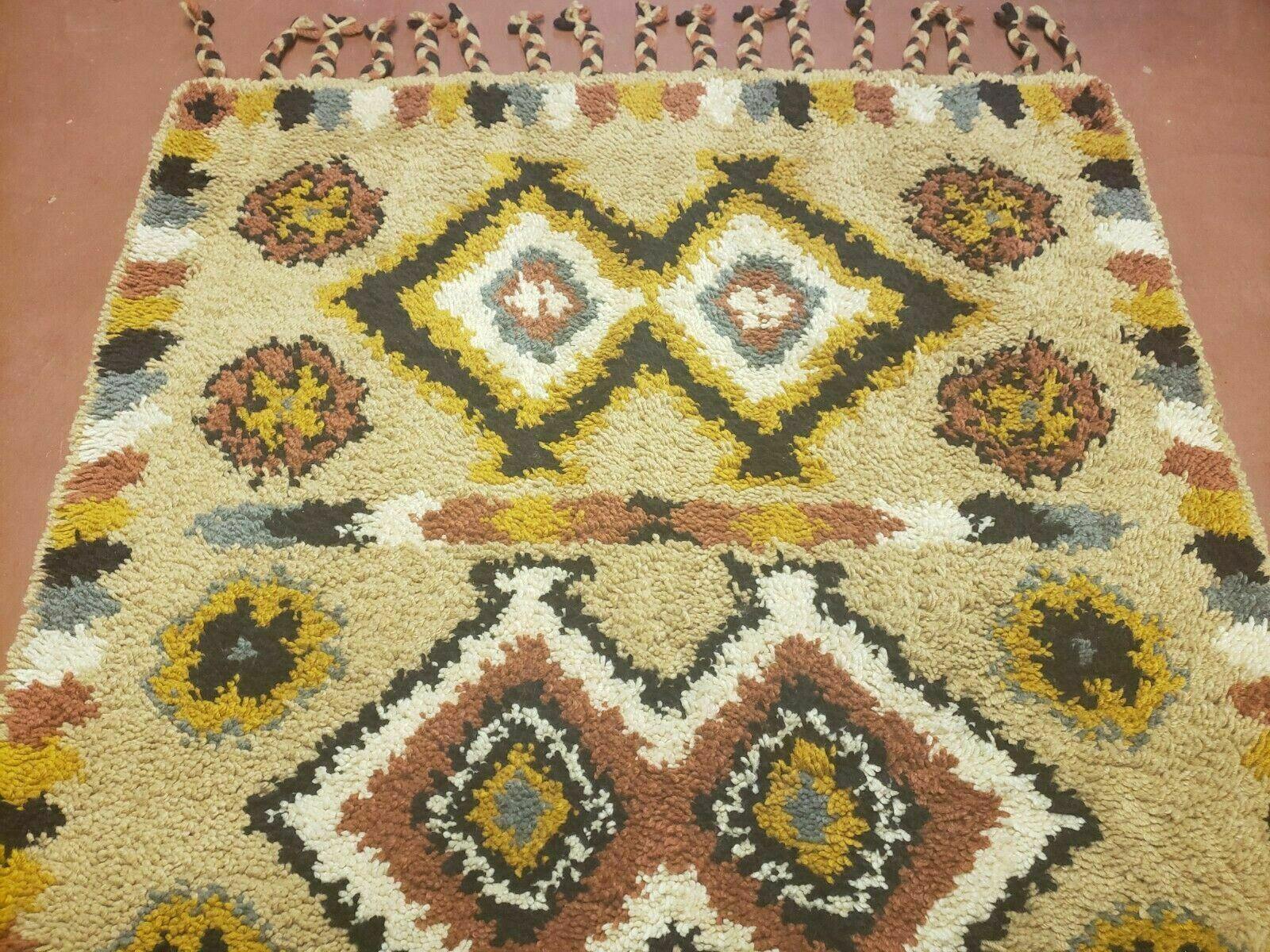 Portuguese Rya Style Shag Rug Moroccan Design, 4x6 Vintage Colorful Geometric Rug, Handmade Wool Gold Tan, Soft Pile Rug - Jewel Rugs