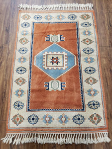 3x5 Handmade Vintage Turkish Area Rug Wool Kazak Carpet 3'1"x4'5" Red Beige - Jewel Rugs
