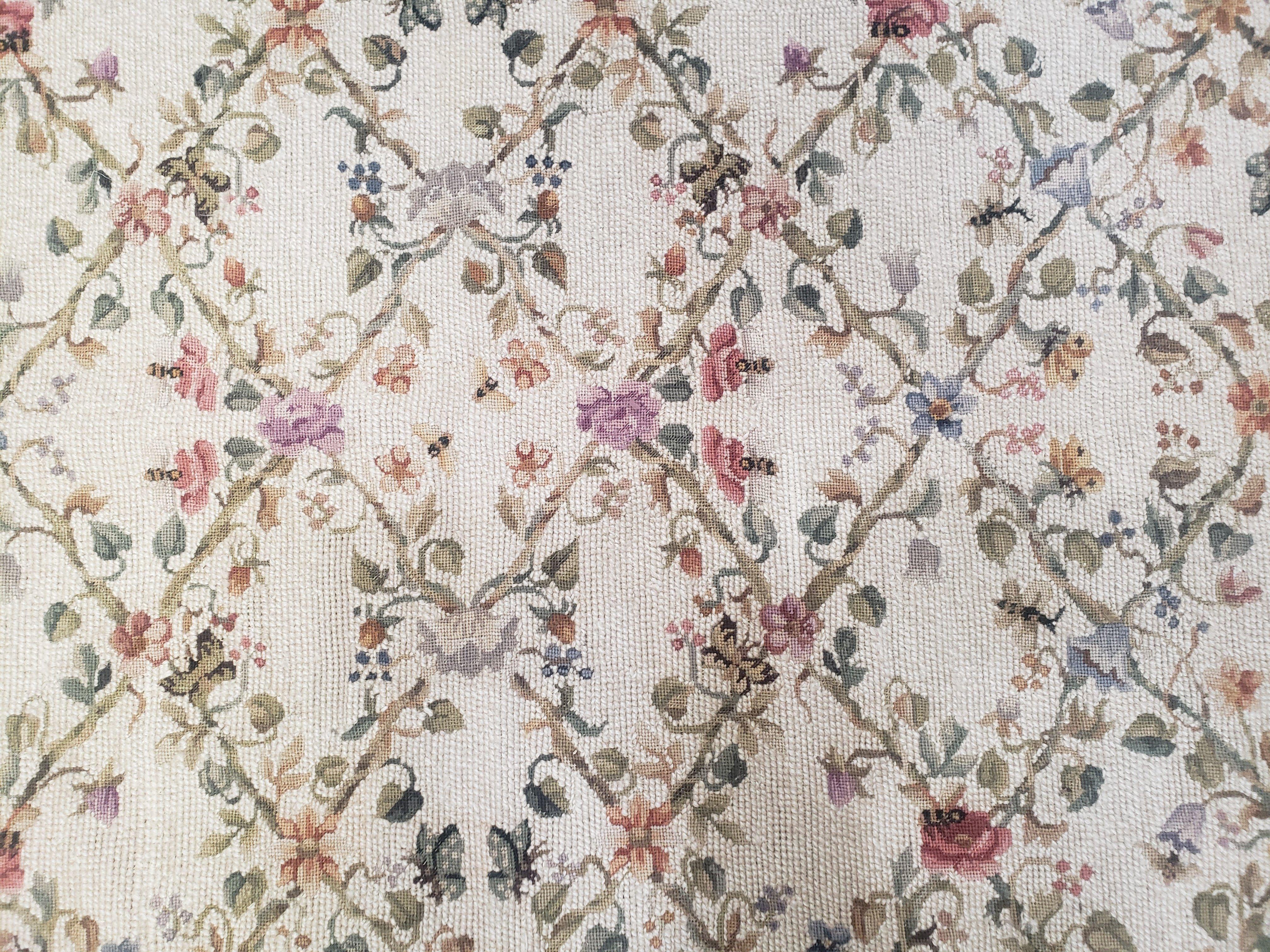 Vintage Petite Point Floral Area Rug 7.5 x 9.9, Chinese Aubusson Needlepoint Carpet 7x10, Wool Hand-Knotted Ivory Small Flowers Rug 8x10 - Jewel Rugs